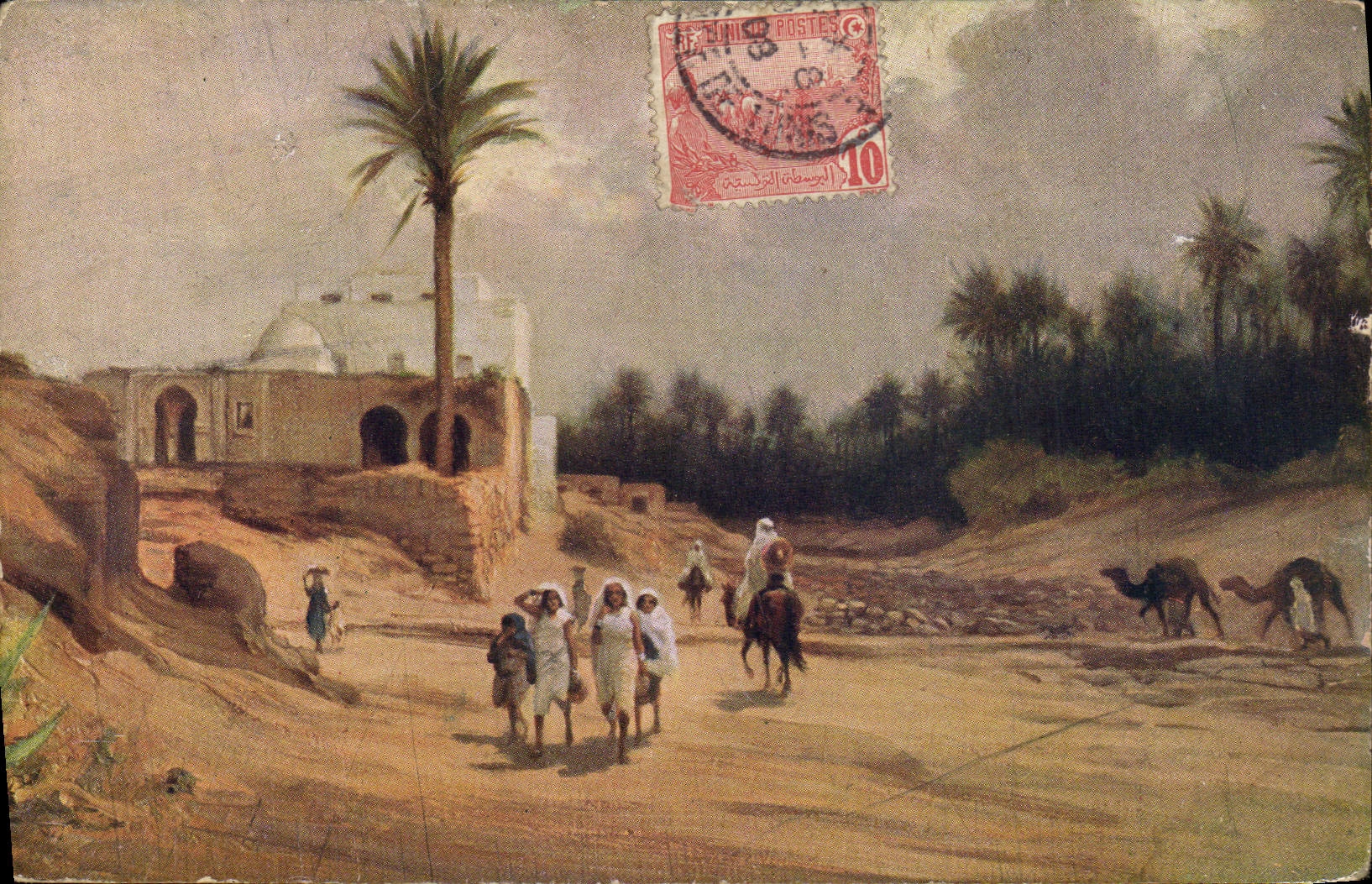 Postal Orientalismo Oasis con taladro de datileras