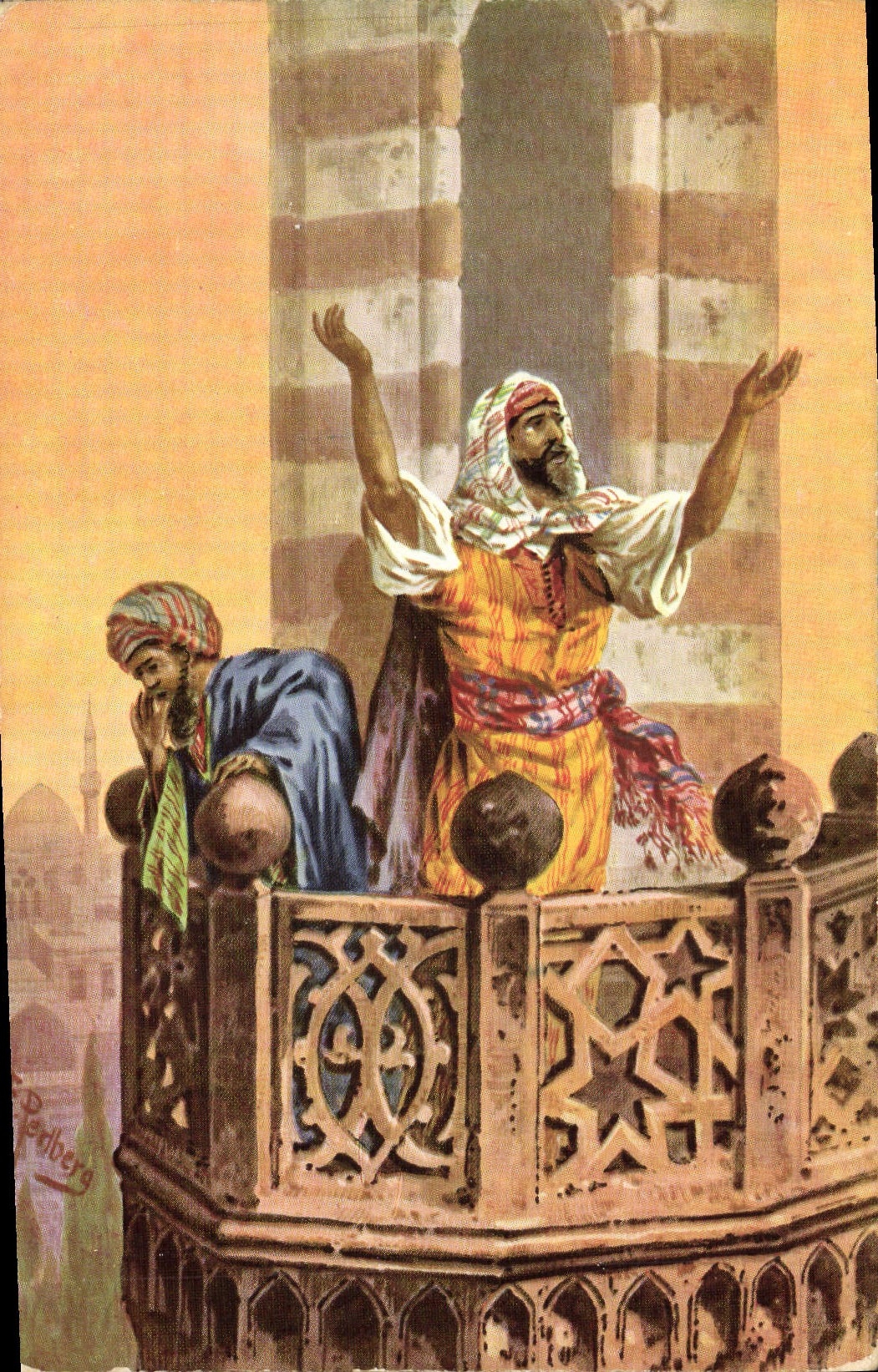 Postal Orientalismo Mueddins que llama para el rezo