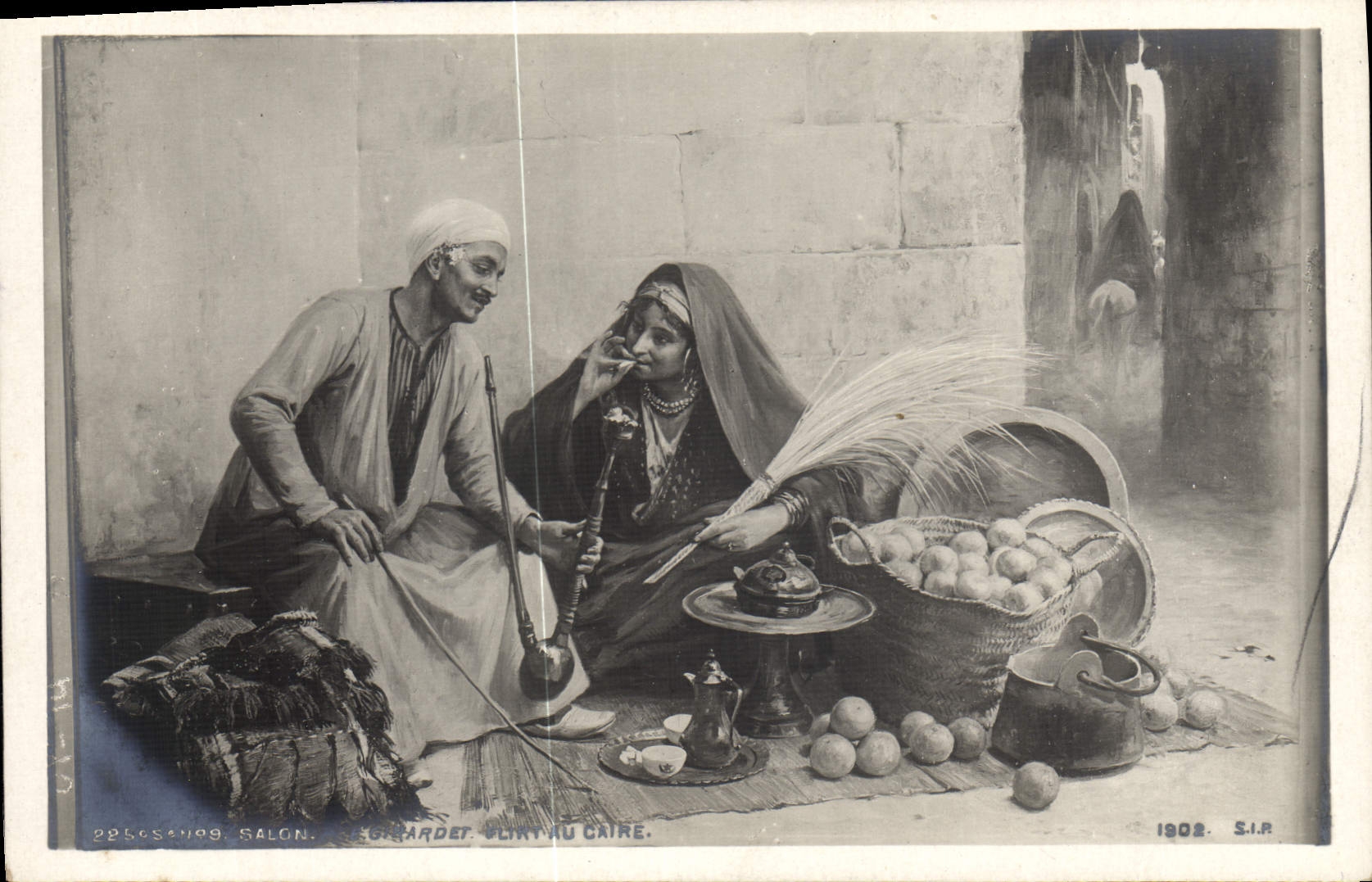 Postal Orientalismo Salón Girardet Coqueteo en El Cairo Egipto Egypt