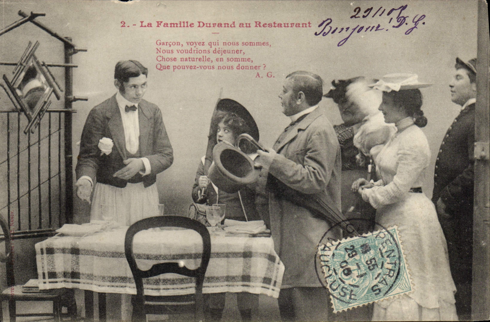 Vintage Postcard Imagination Woman the family Durand at the Restaurant