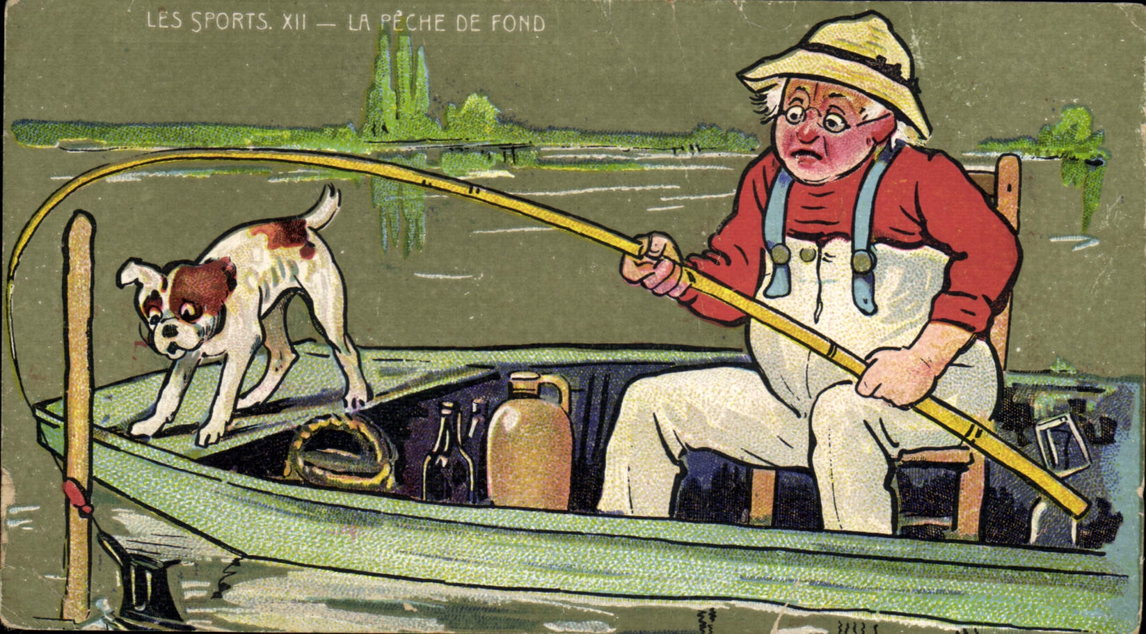 Postal Pesca Pecador la pesca de fondo Ilustrador Beauvais Perro