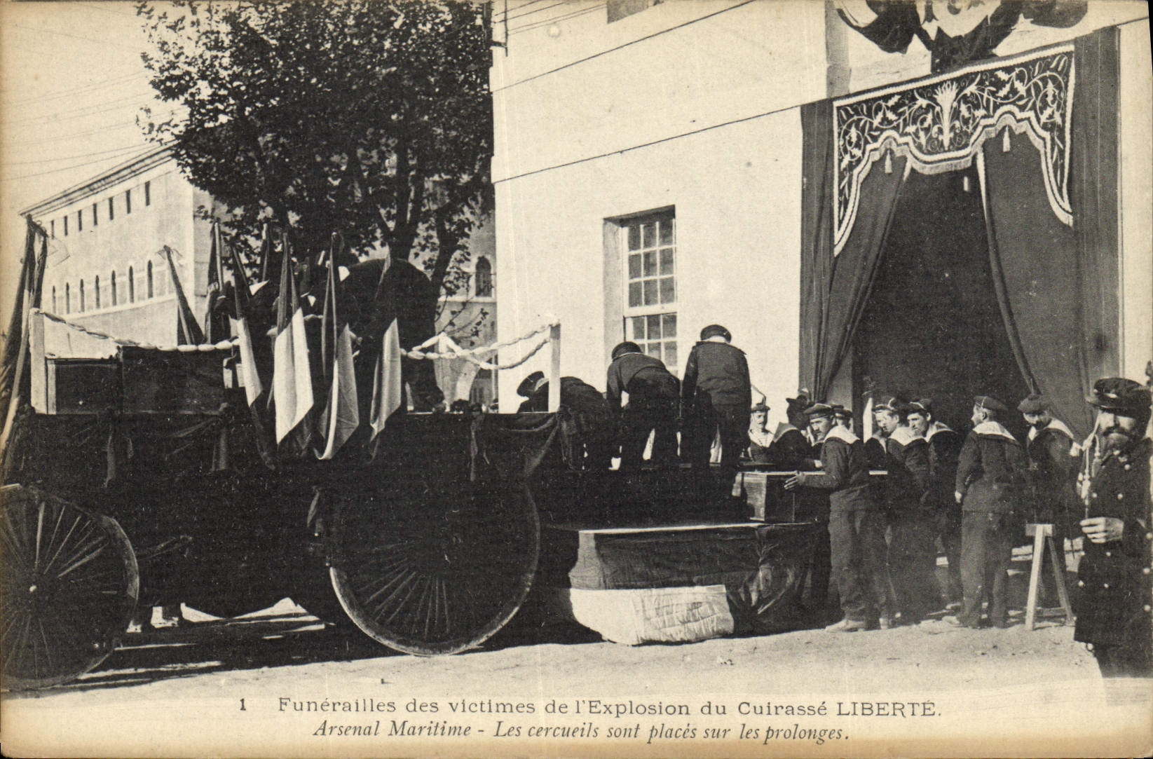 Vintage Postcards Funerailles of the victims of the explosion of the armor maritime Liberte Arsenal the coffins are places on prolong