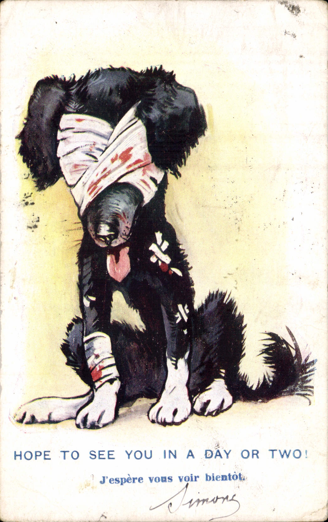 Vintage Postcard Chien Dogs Pup Hopte to see you in has day gold two