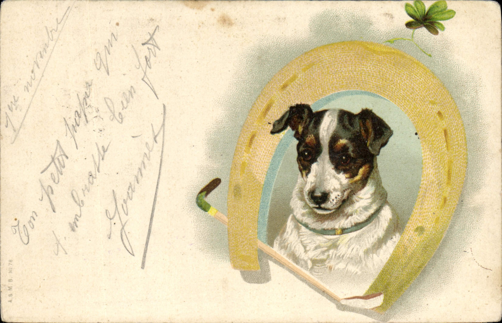 Vintage Postcard Chien Dogs Pup Horseshoe