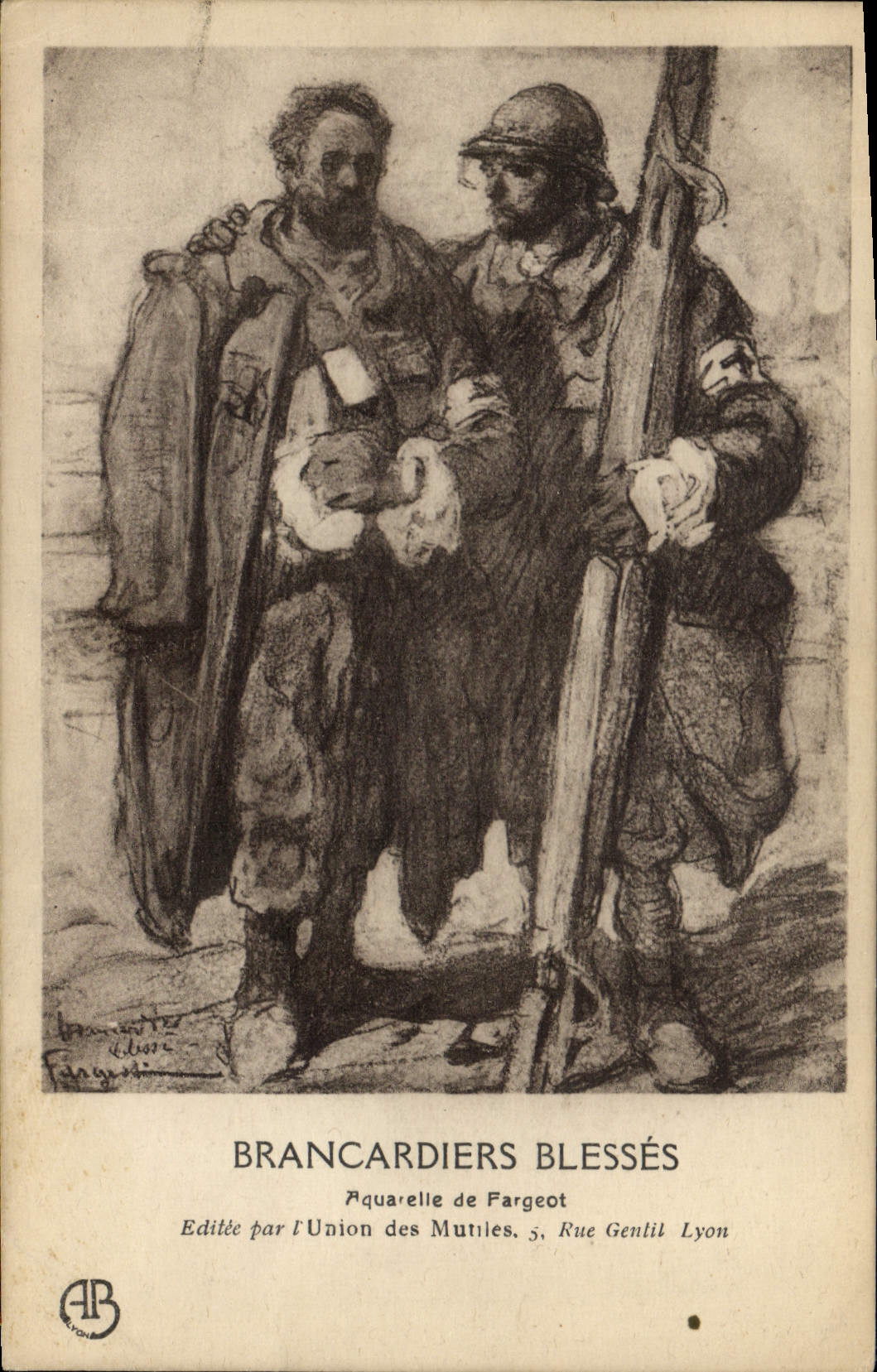 Vintage Postcard Sante Militaria Brancardiers wound Aquarelle of Fargeot Red Cross