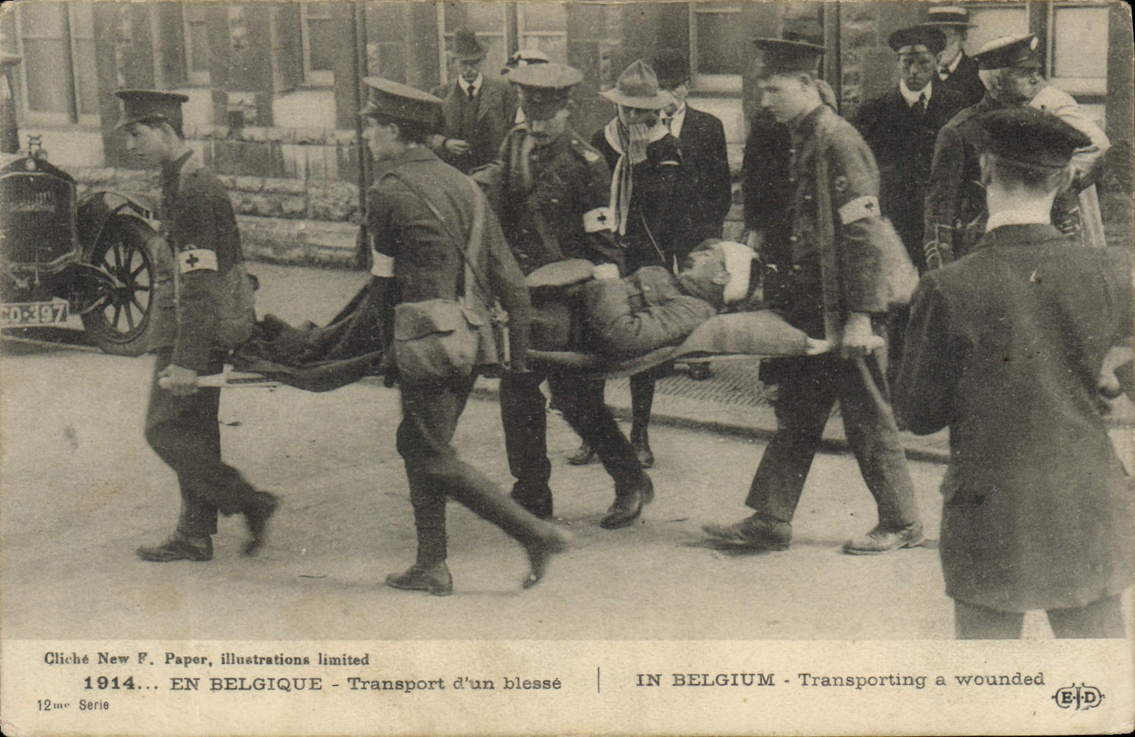 Vintage Postcard Sante Militaria In Belgium Trasnport of one wounds Red Cross