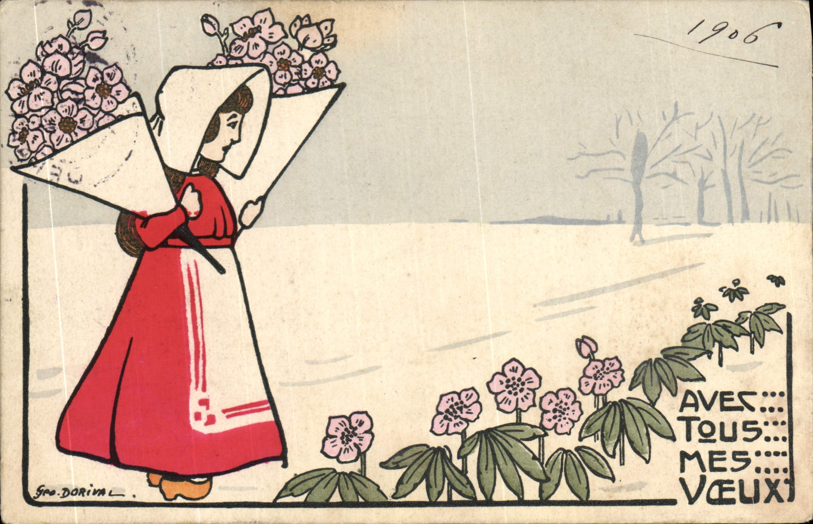 Vintage Postcard Imagination Illustrator Woman With all my wishes