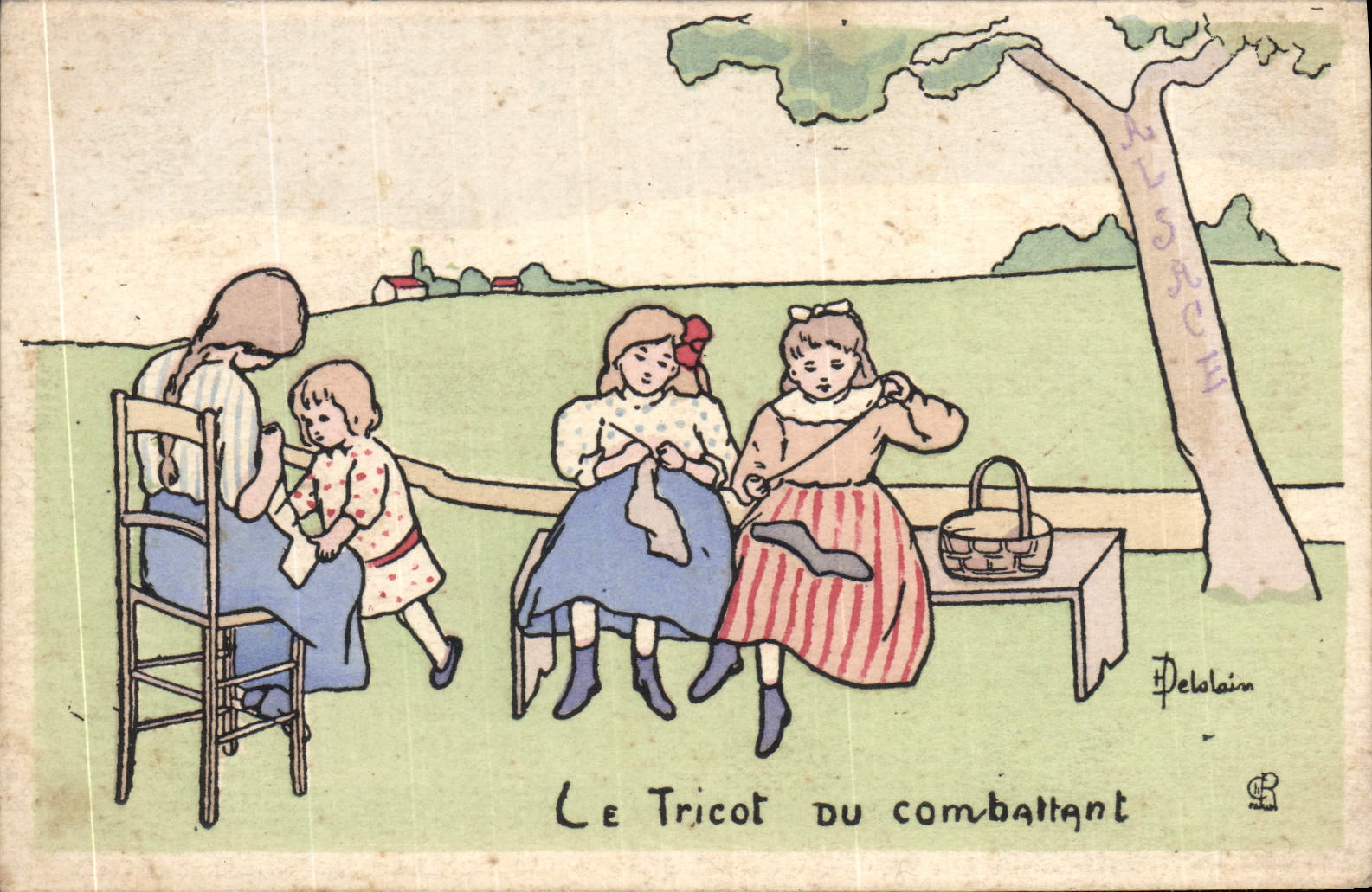 Vintage Postcard Imagination Illustrator Children the knitting of the combatant