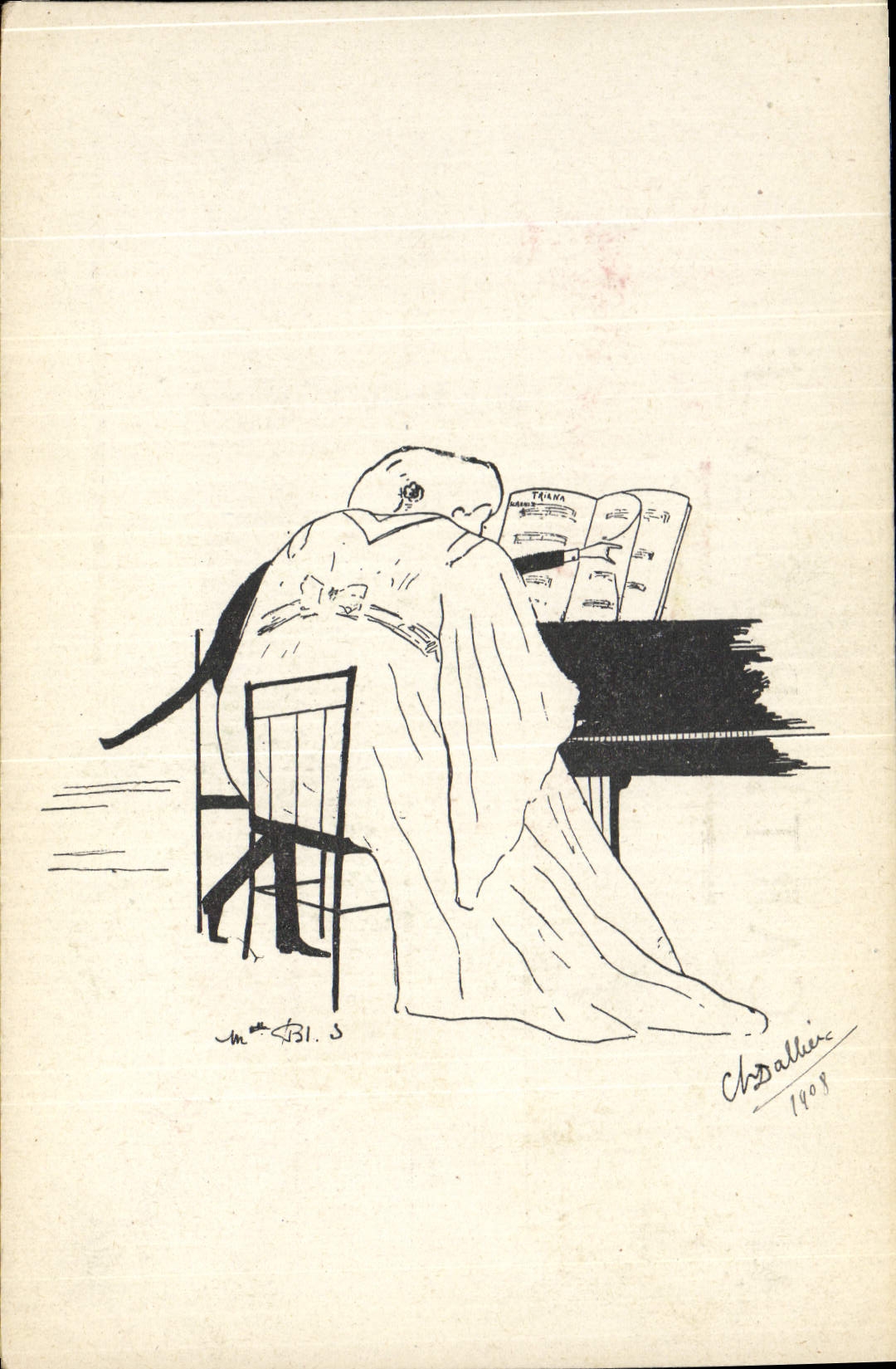 Vintage Postcard Imagination Illustrator Woman Piano