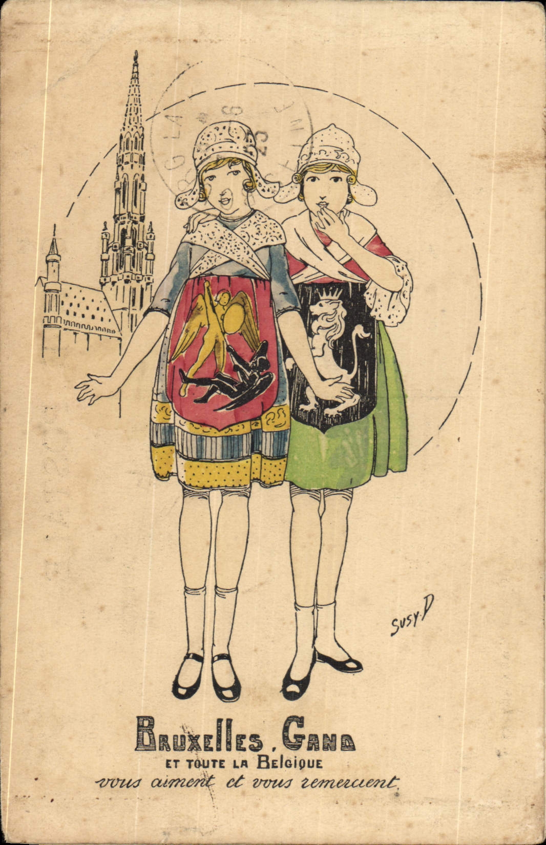 Vintage Postcard Imagination Illustrator Women Brussels Ghent