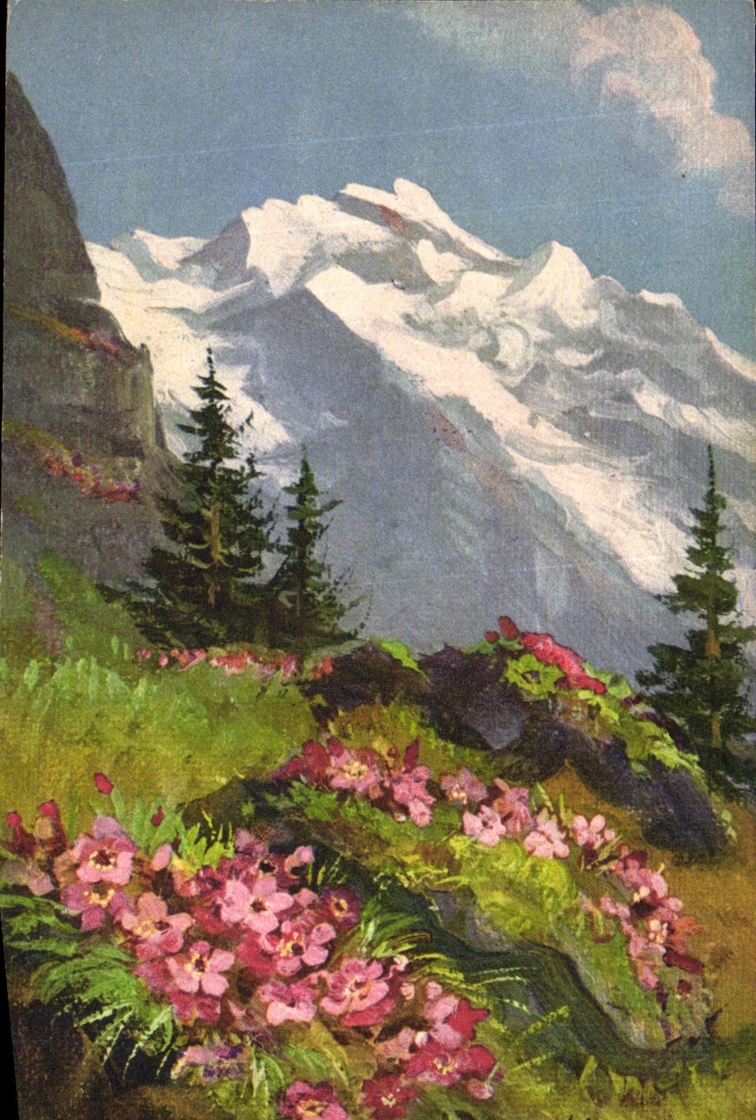 Vintage Postcard Imagination Illustrator Mountain pastures