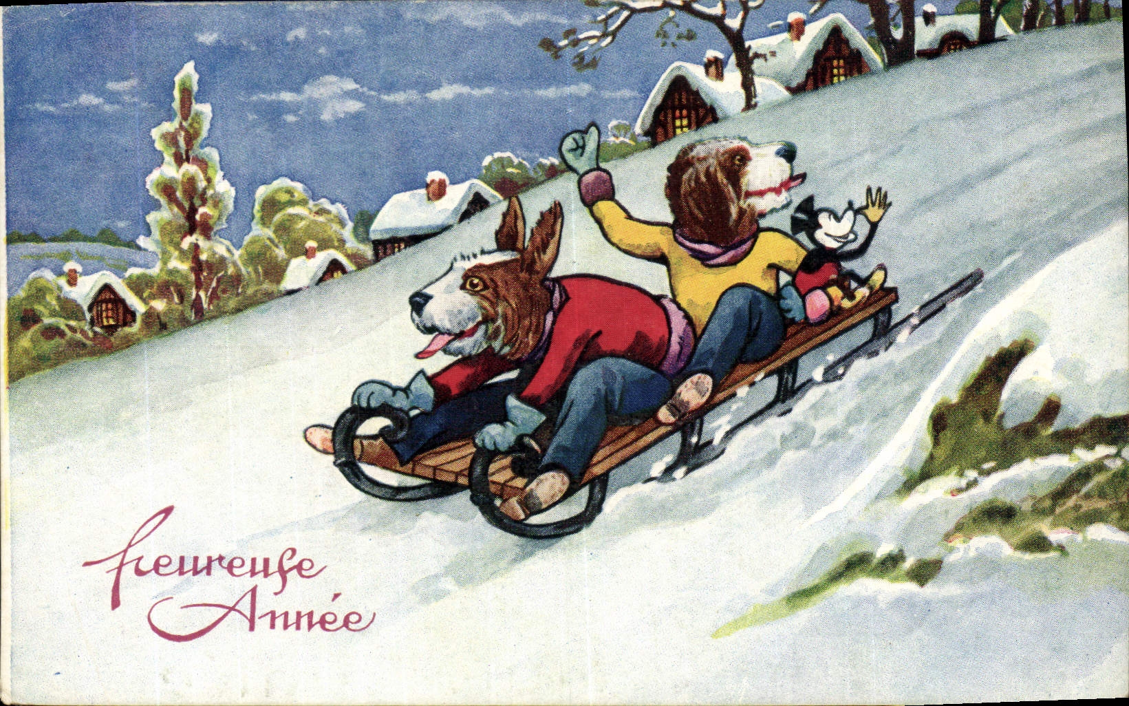 Vintage Postcard Happy Imagination Illustrator Sledge Chinas Dog Year