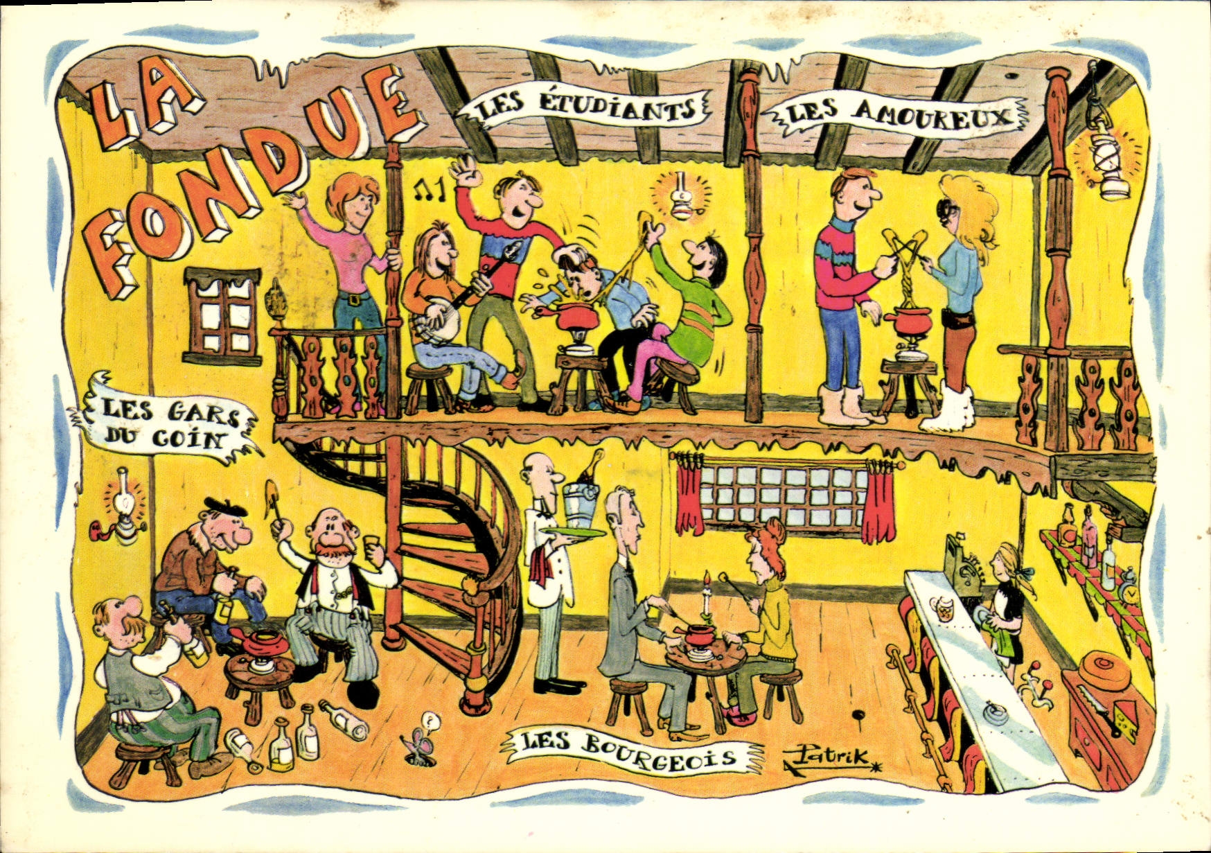 Postal el plato de queso fundido los estudiantes los enamorado muchachos de la esquina los Burgueses