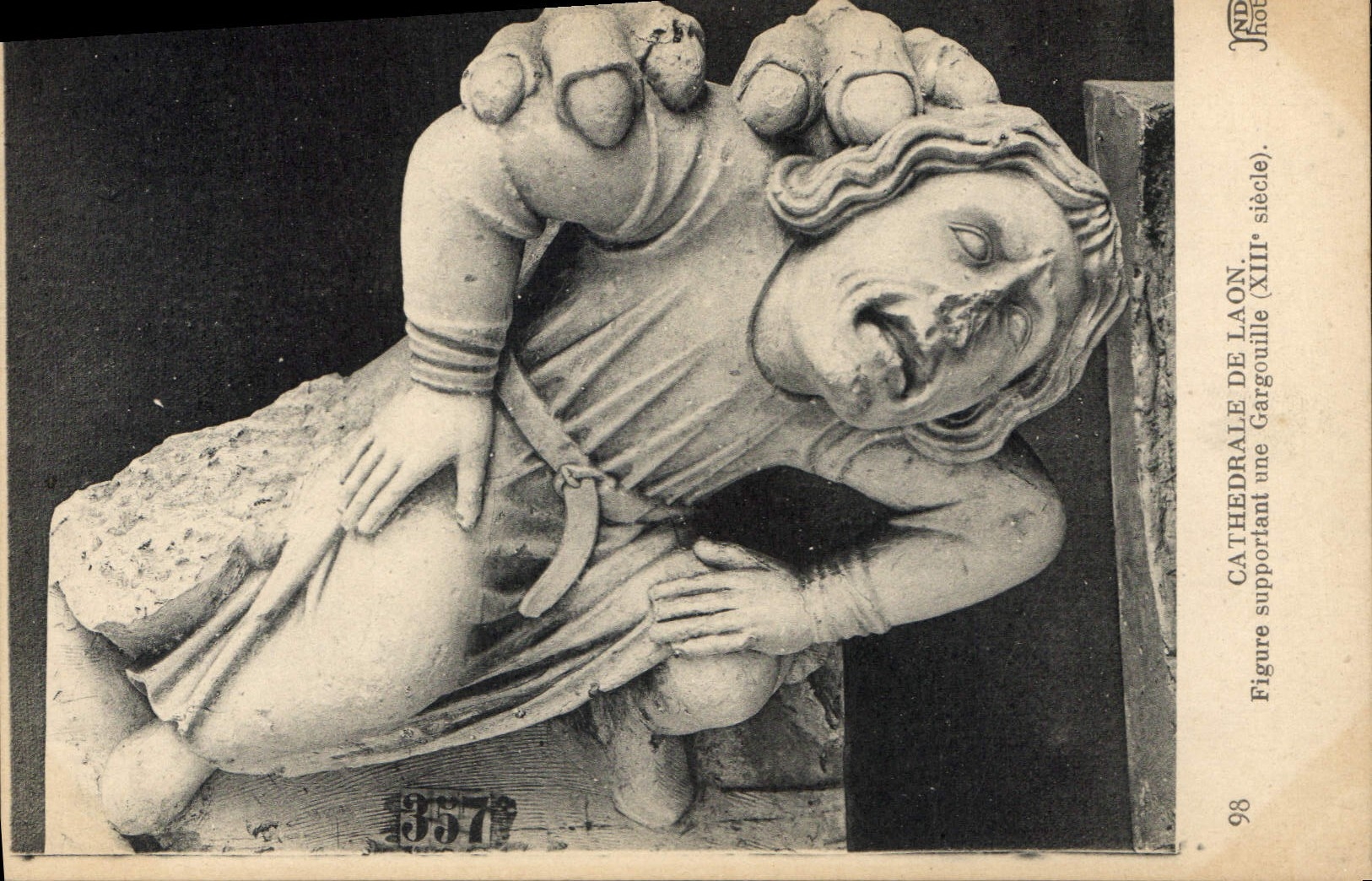 Vintage Postcard Gurgles Cathedral of Laon Figure supporting a waste-gas main