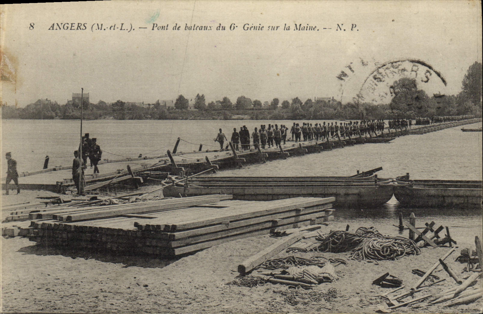 Postal Militaria Angers Puente de barcos de la 6.o Ingeniería sobre Maine