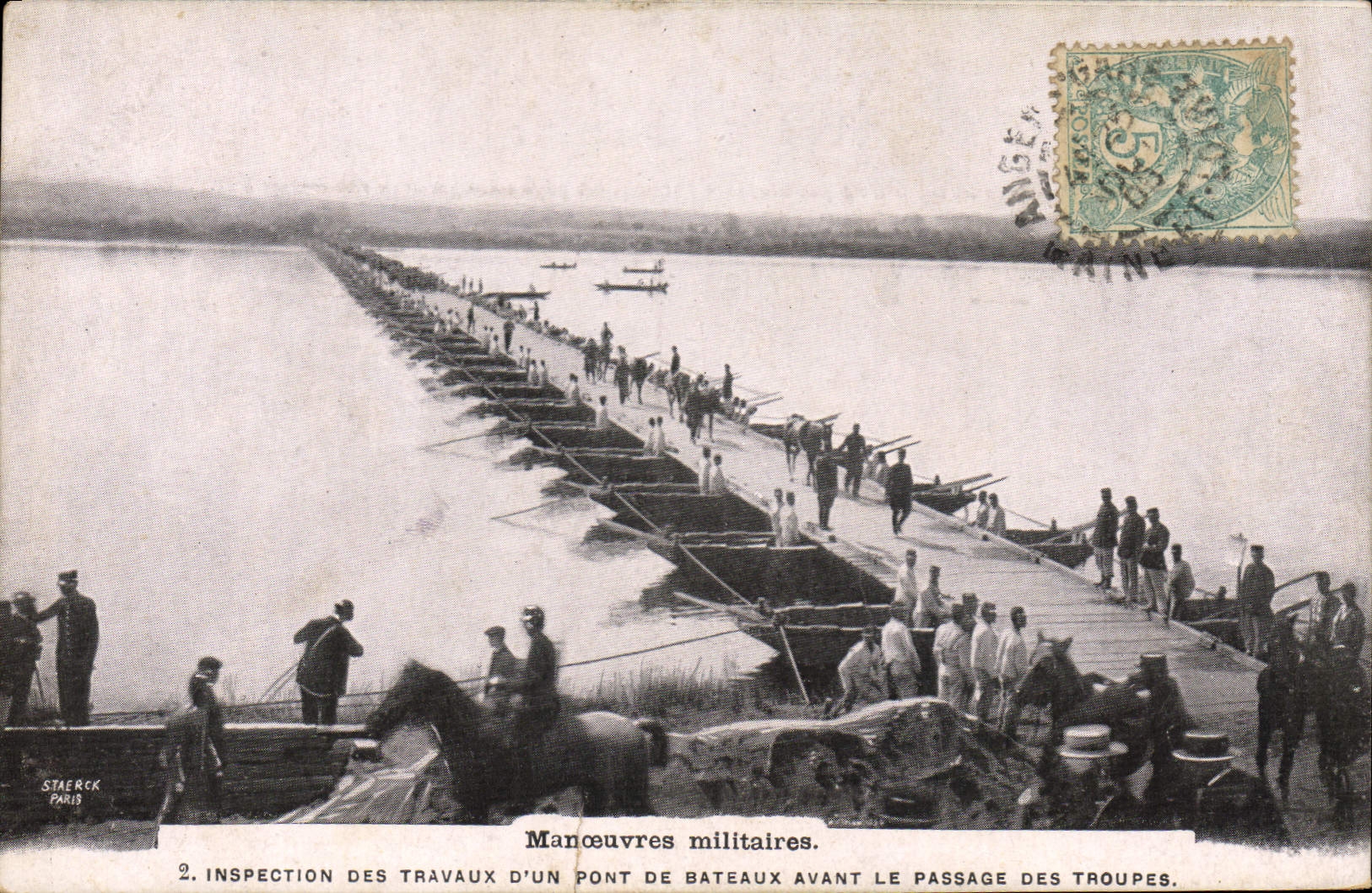 Postal Militaria Maniobras Inspección de los trabajos de un puente de barcos antes del paso de las tropas