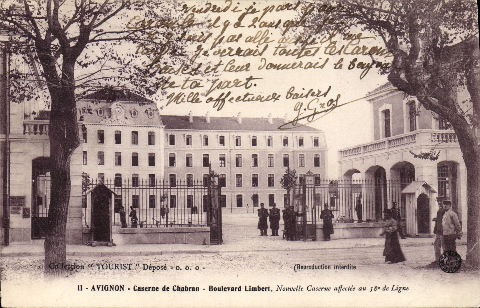Vintage Postcard Militaria Avignon Caserne of Chabran Boulevard Limbert Nouvelle quarters affected with the 58eme of Line