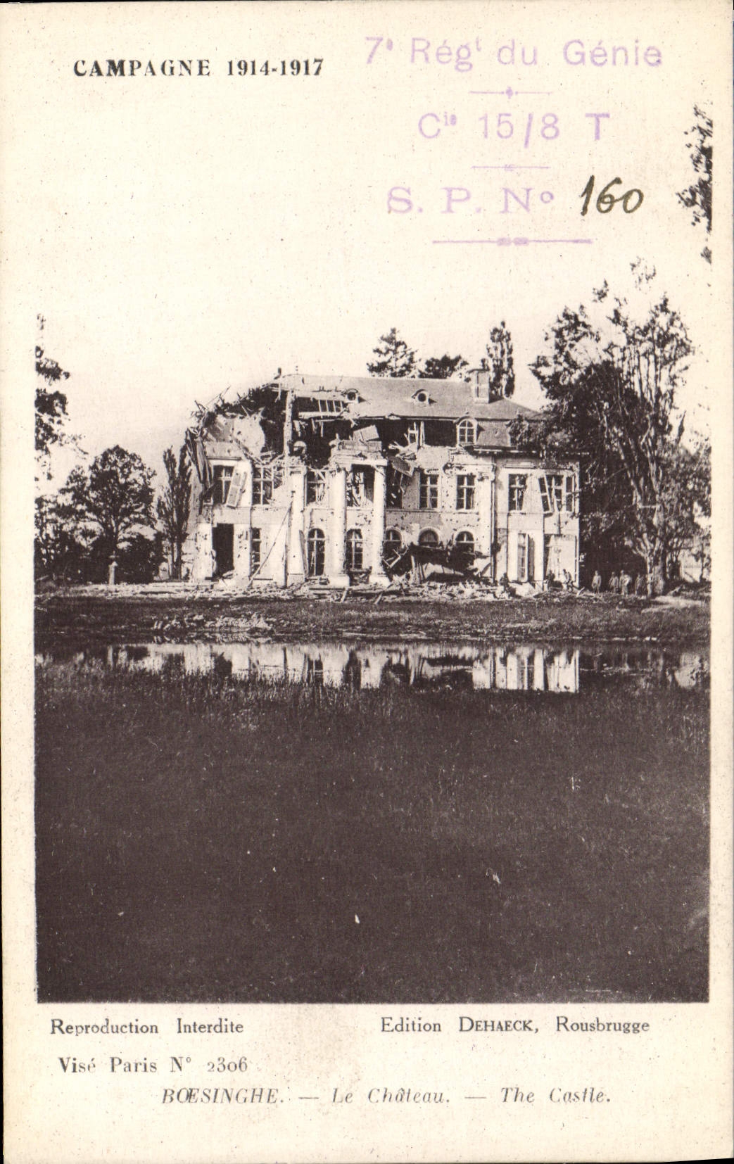 Vintage Postcard Militaria Boesinghe Belgium the castle 7th rgt of Genius