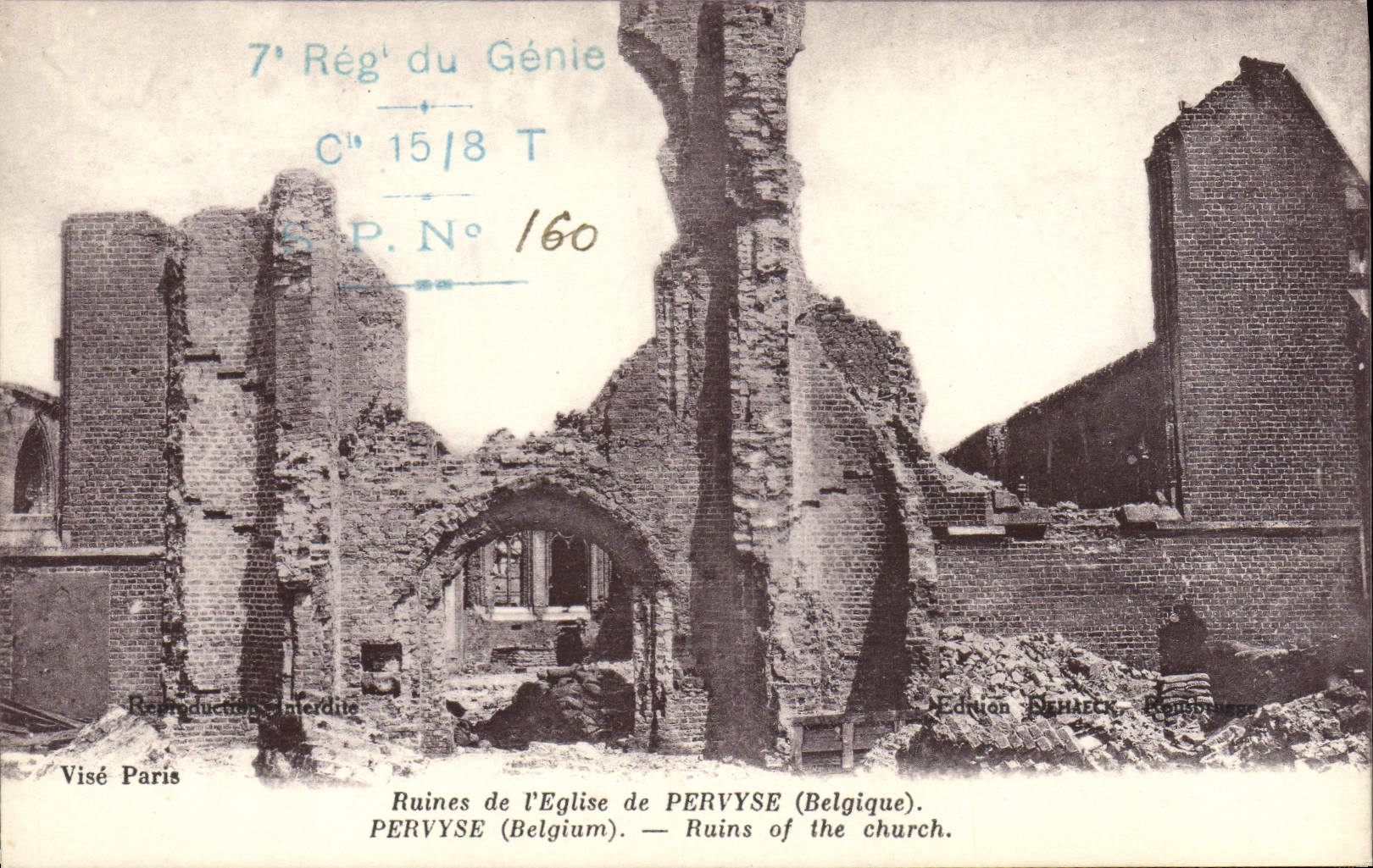 CPA Militaria Ruines de l'eglise de Pervyse Belgique 7eme rgt de Genie 