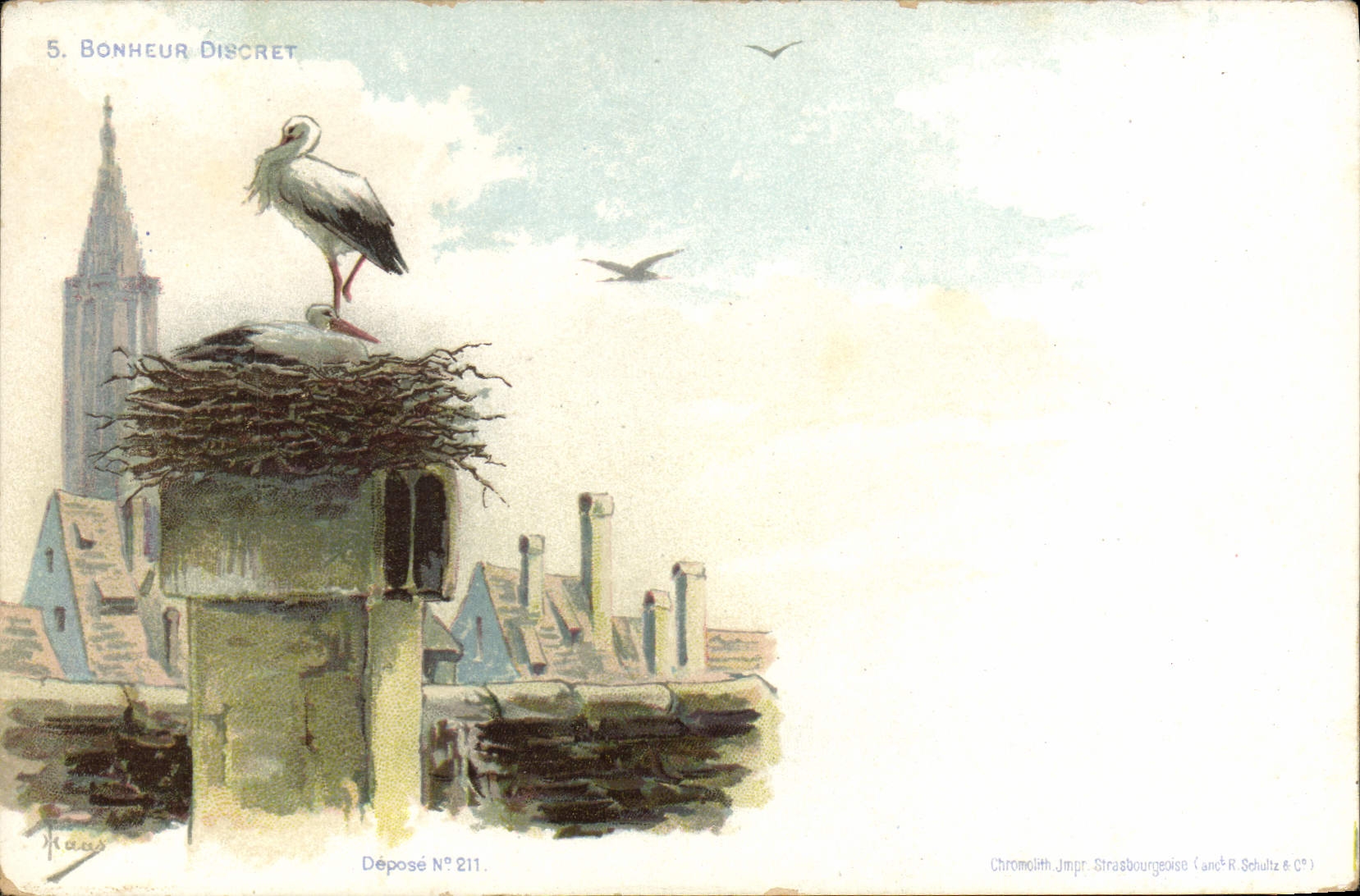 CPA Folklore Alsace Bonheur discret Cigogne Strasbourg