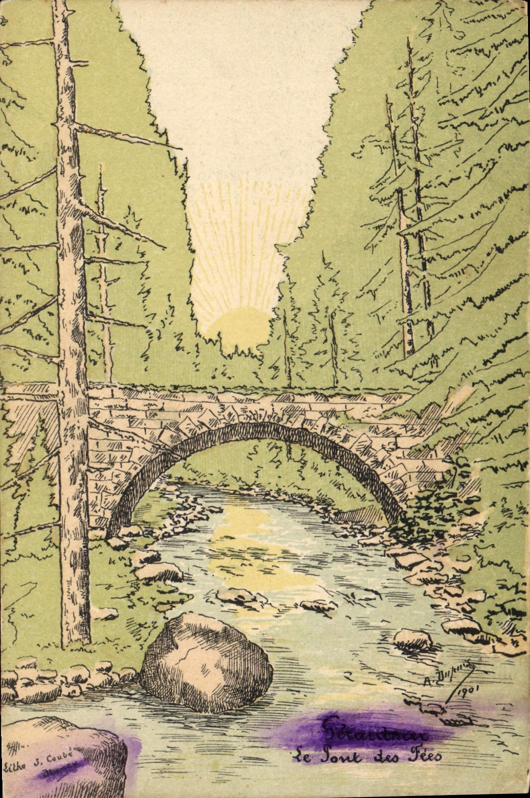 Vintage Postcard Imagination Illustrator the bridge of the fairies