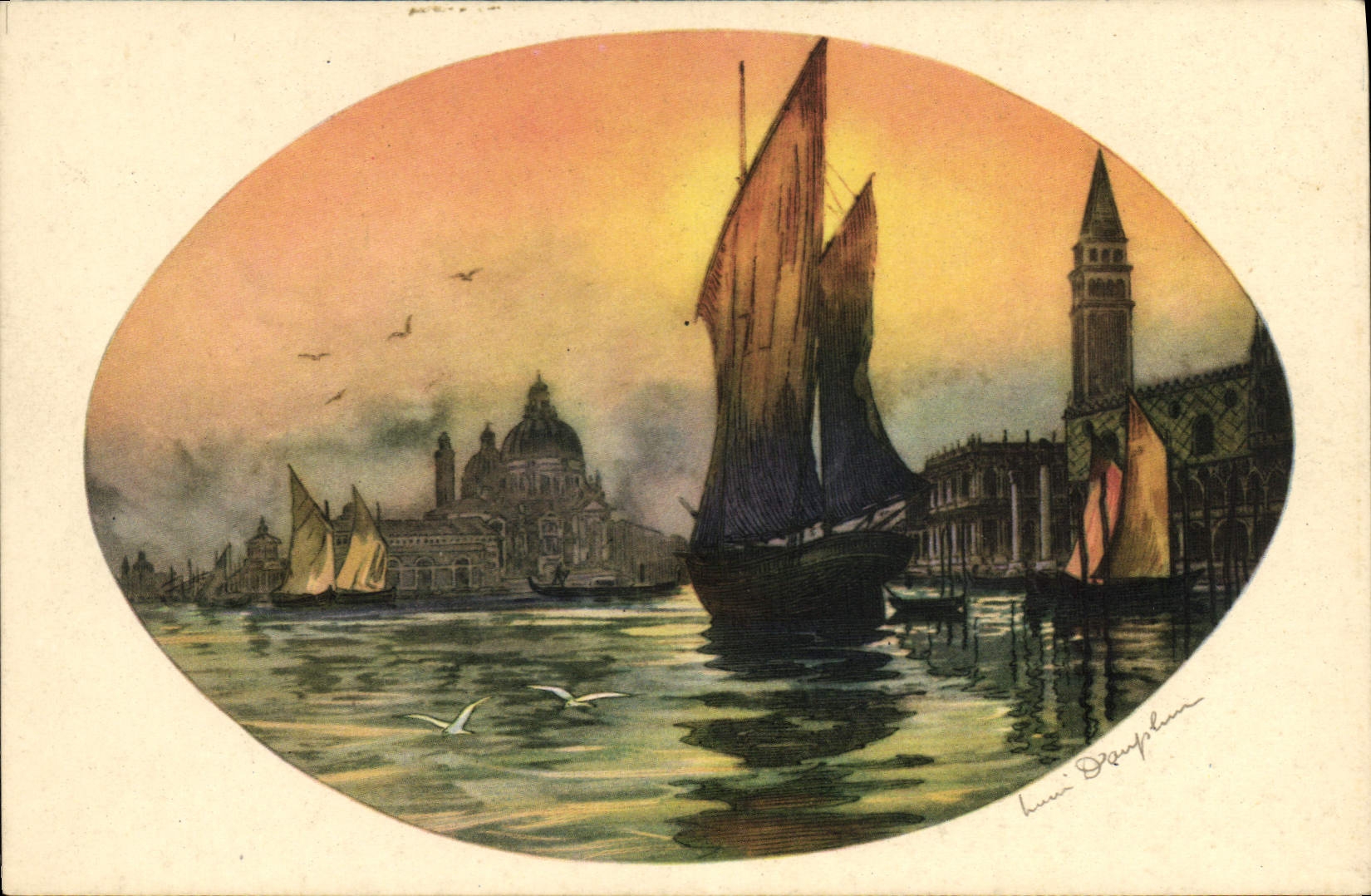 Vintage Postcard Imagination Illustrator Venice Boat