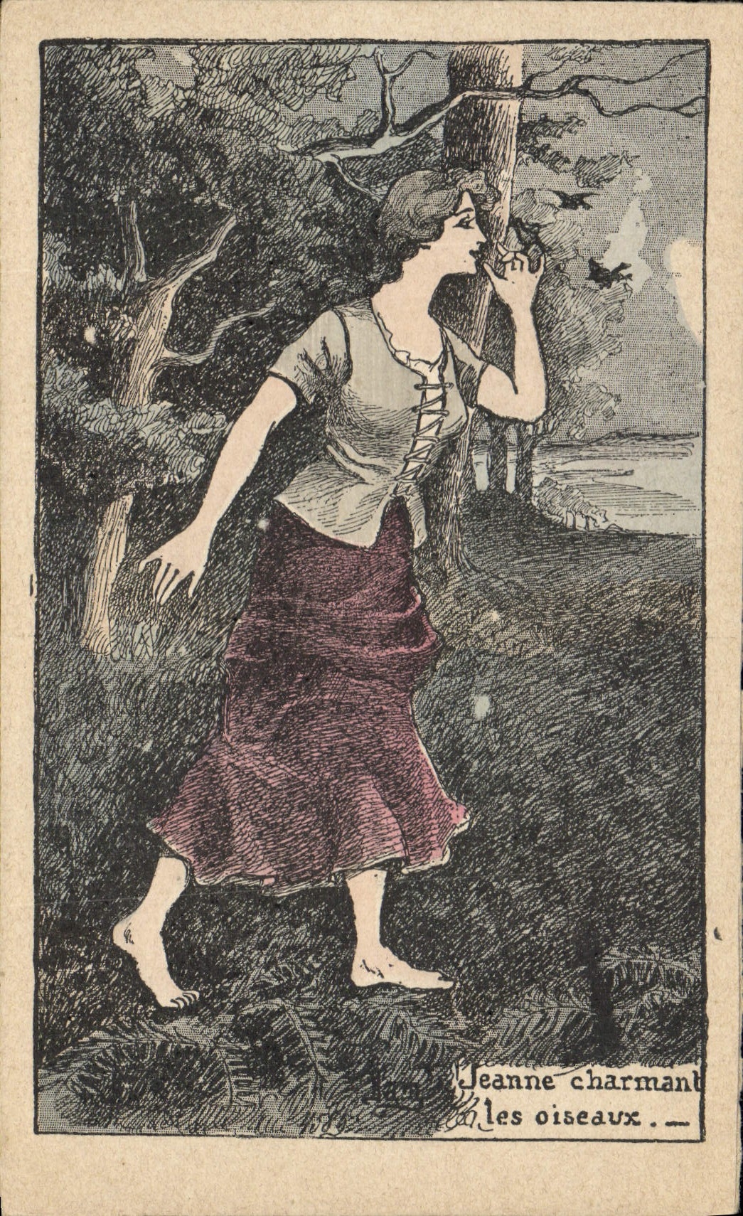 Vintage Postcard Imagination Illustrator Woman Jeanne charming the birds