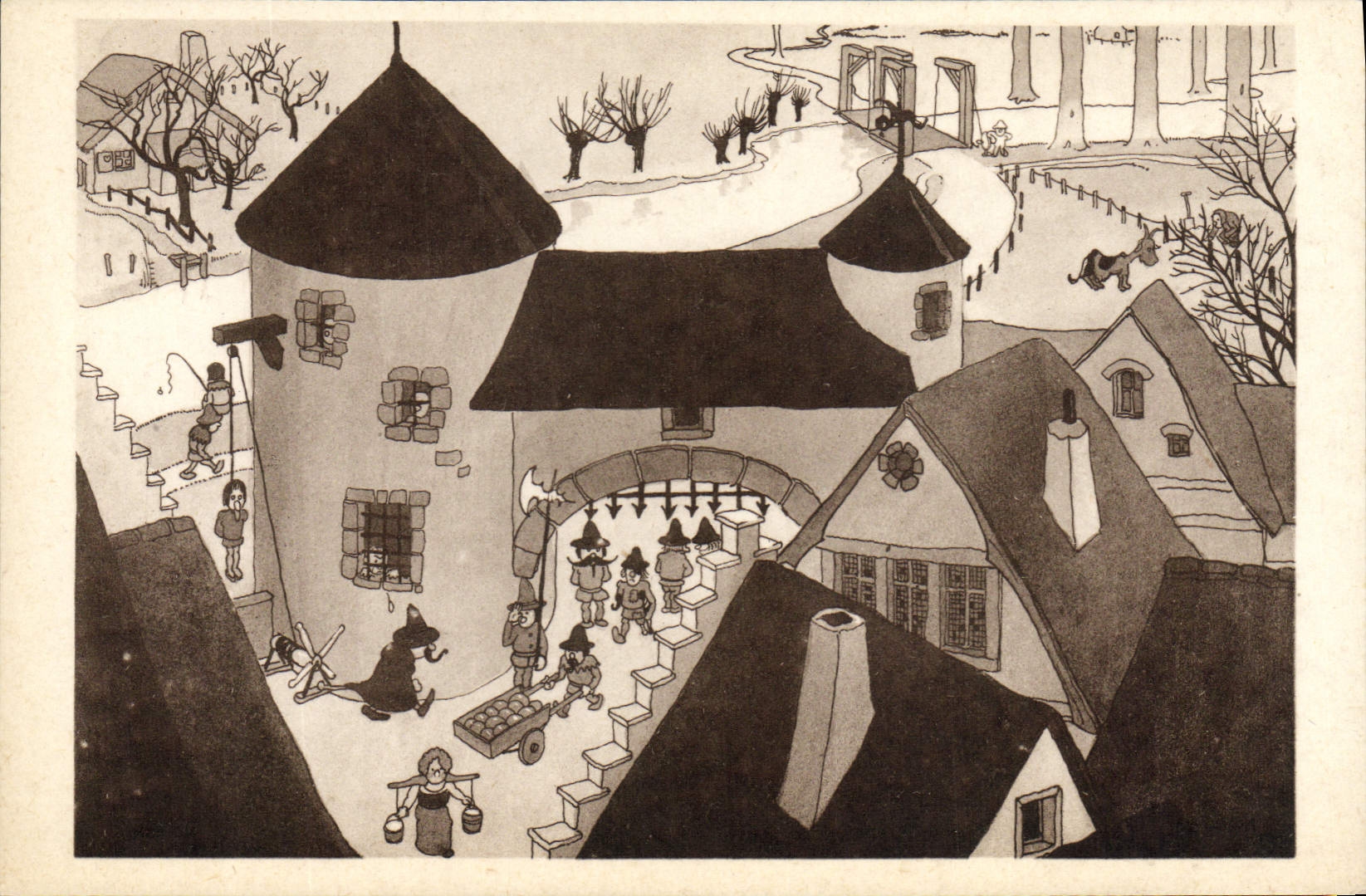 Vintage Postcard Imagination Illustrator The Sing sing prison in the old city Chicago