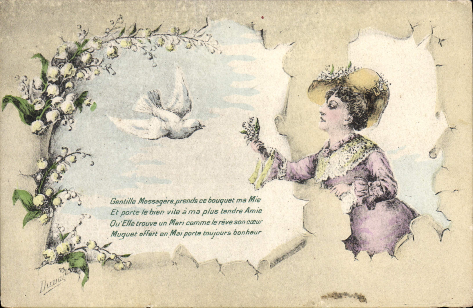 Vintage Postcard Imagination Illustrator Woman Dove