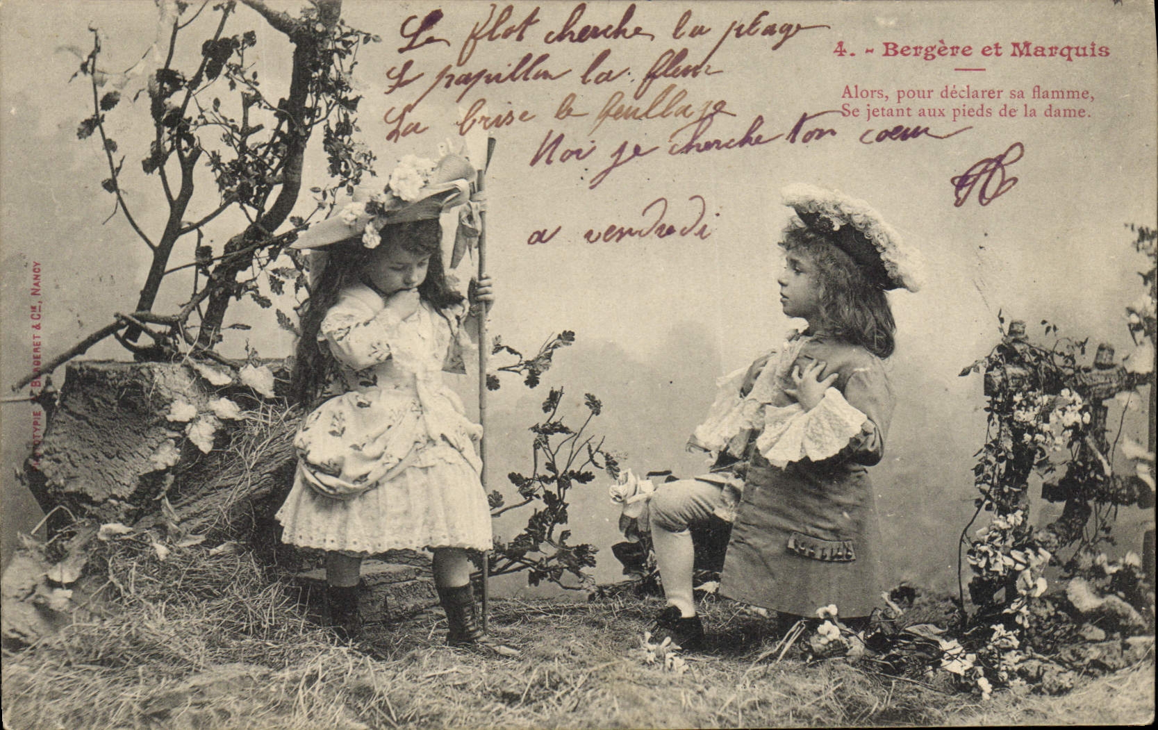 CPA Fantaisie Enfants Bergere et Marquis 