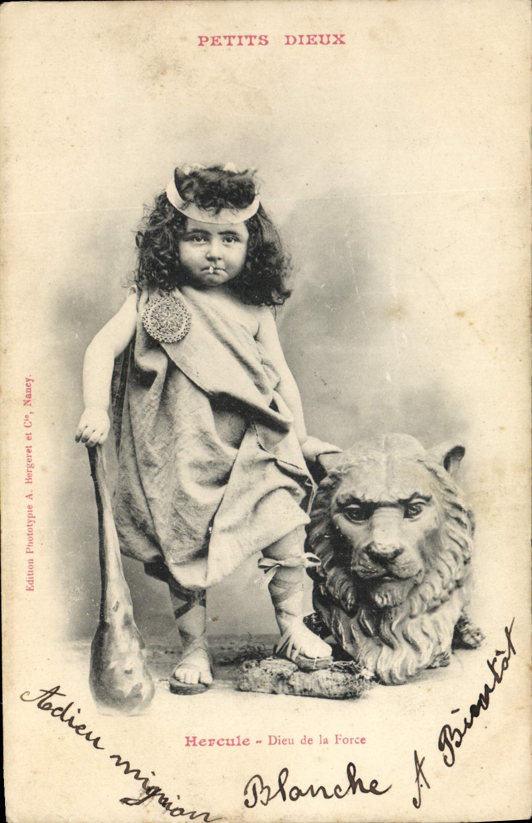 Vintage Postcard Imagination Child Veritable idols Hercules God of the Force Lion