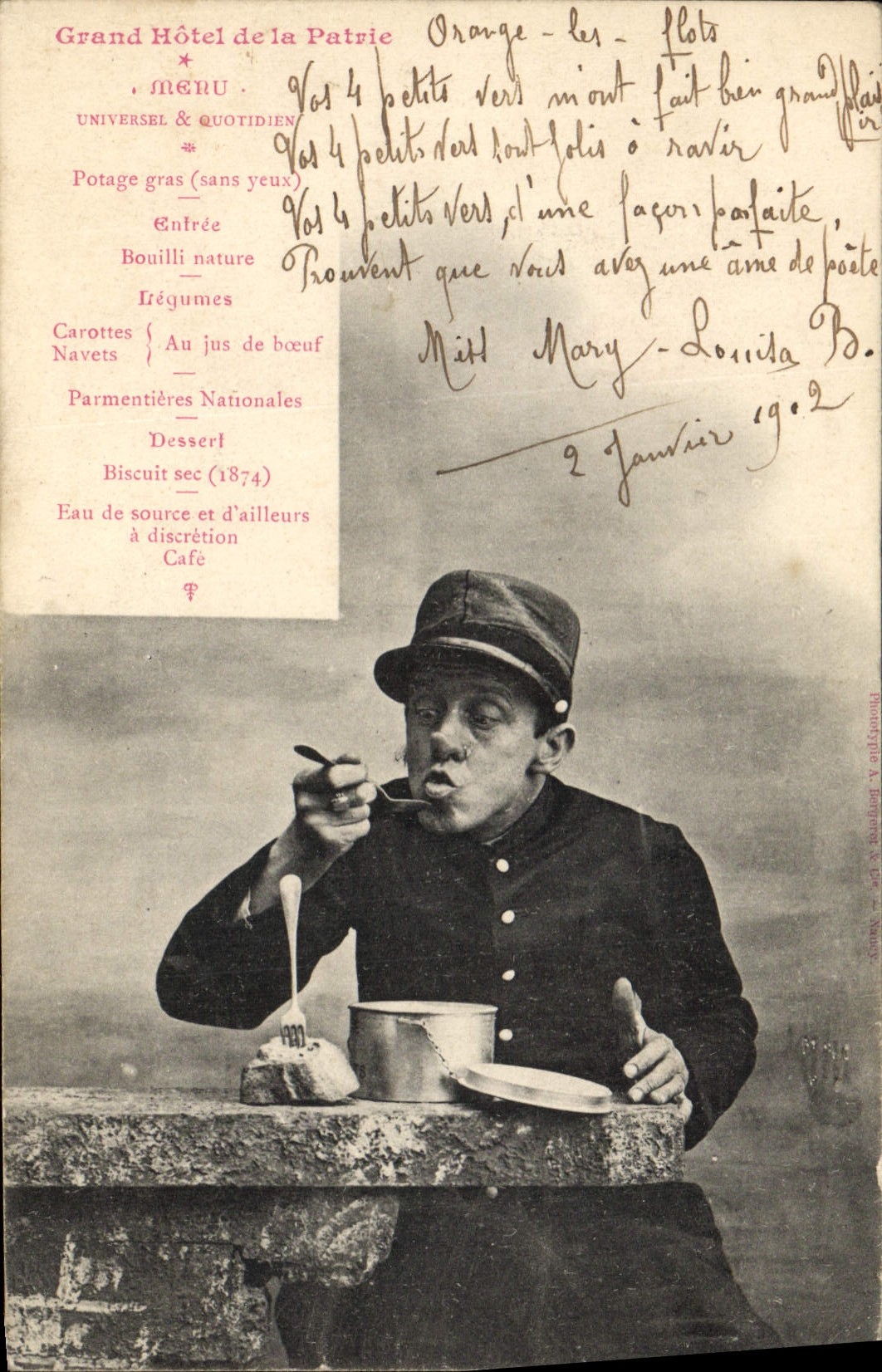CPA Fantaisie Grand Hotel de la Patrie Pitou Militaria Menu 