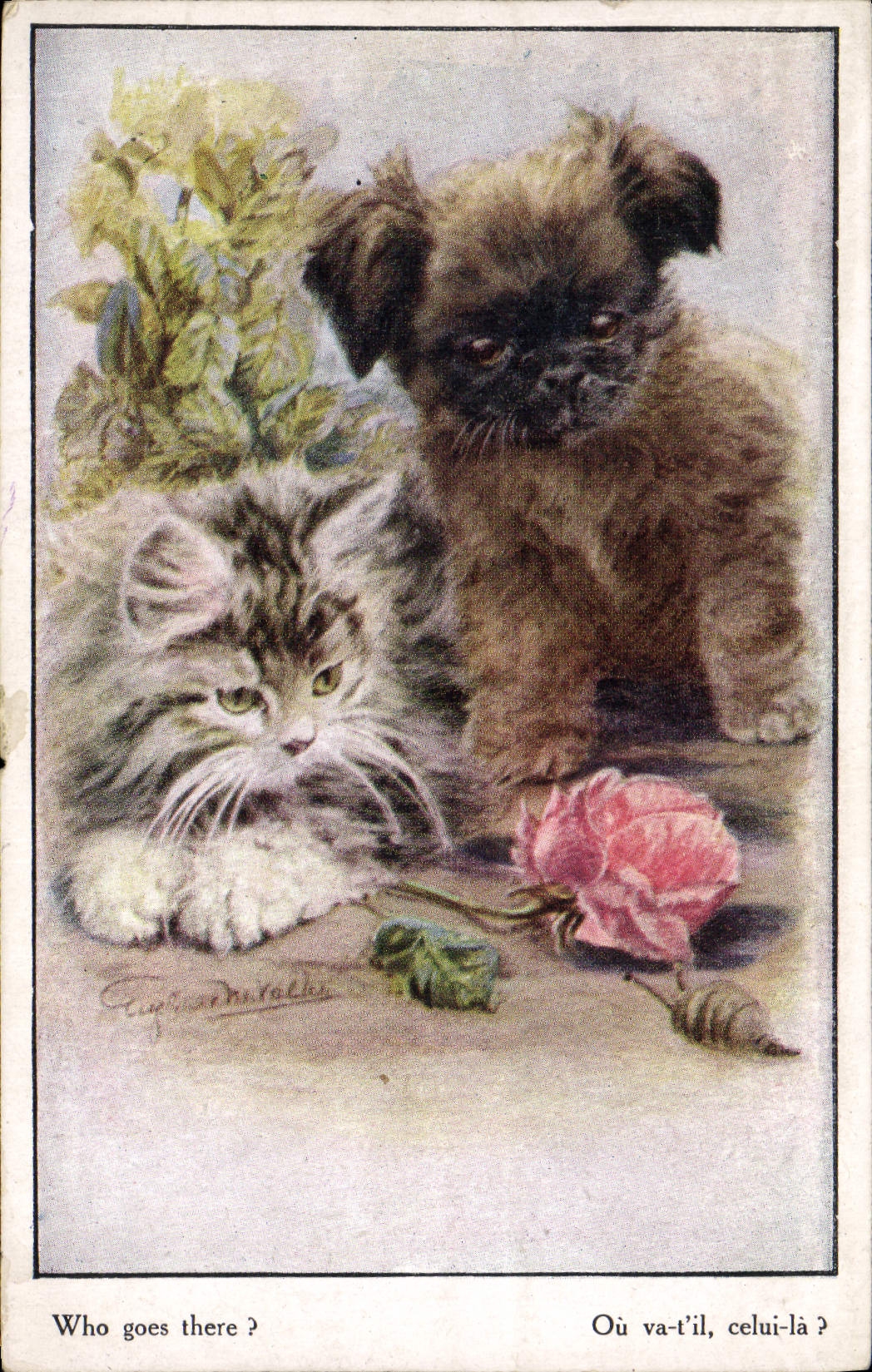 Vintage Postcard Dog Chients Pup Cat kitten