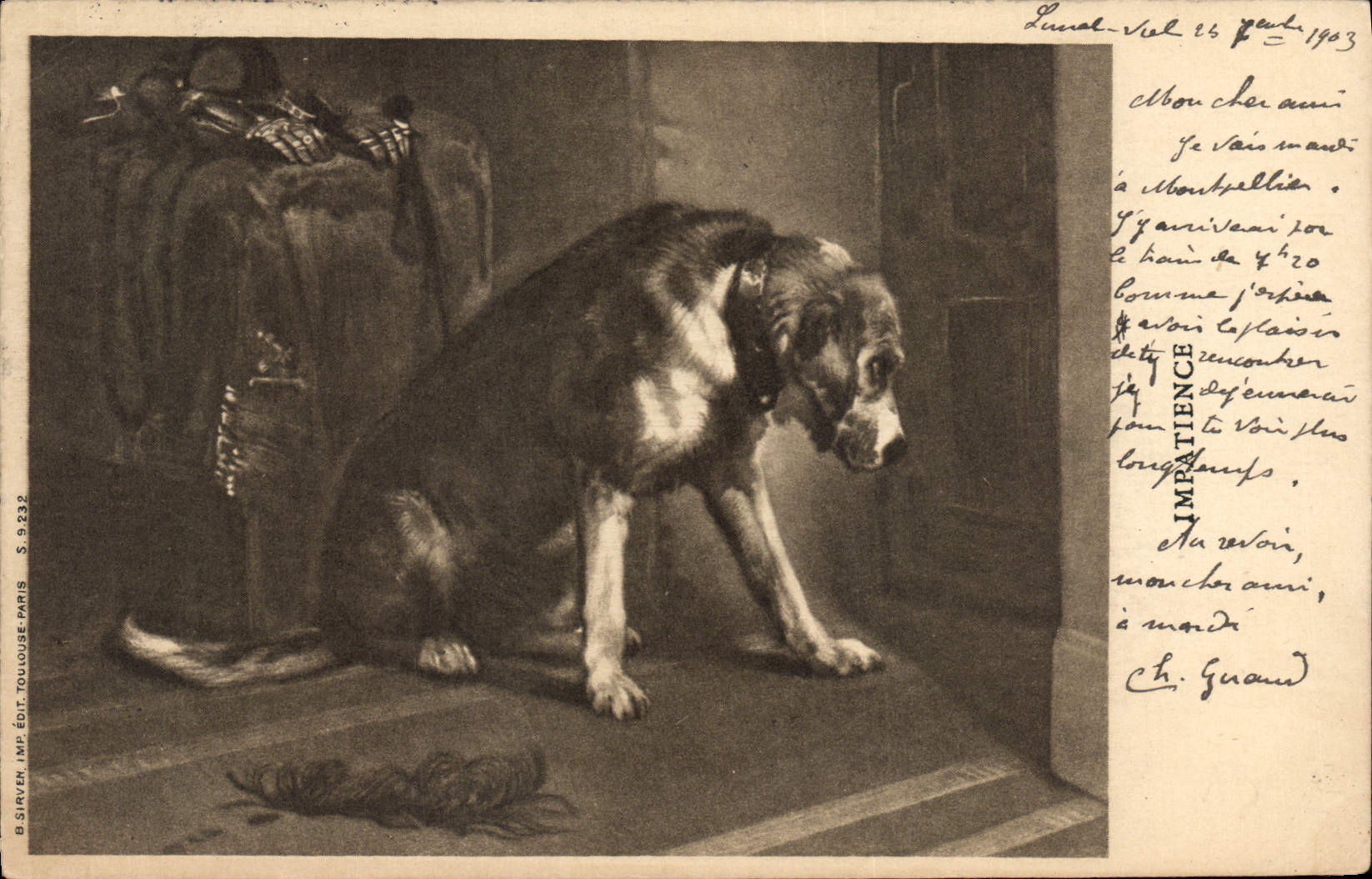 Vintage Postcard Dog Chients Pup Impatience