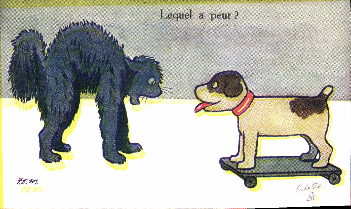 CPA Chien Chients Chiot Lequel a peur ? Whot's afraid Chat