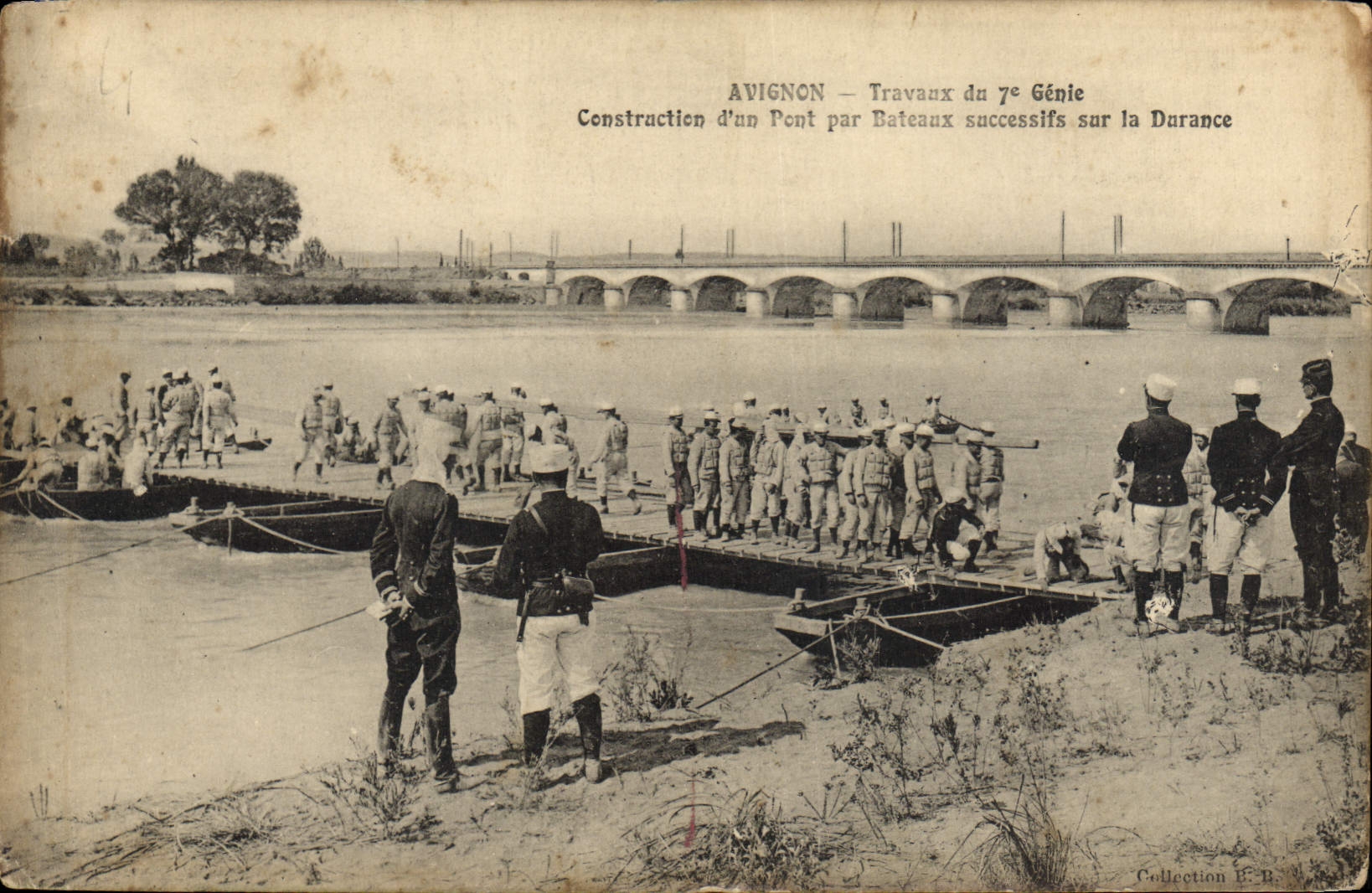 Postal Militaria Aviñón Trabajos de la 7.o Ingeniería Construcción de un puente por barcos sucesivos sobre Durance