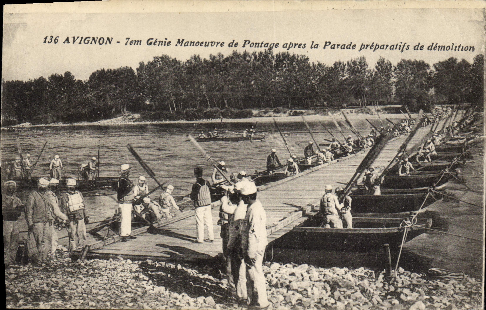 Postal Militaria Aviñón 7.o Ingeniería Maniobra de construcción de puentes después del desfile preparativos de demolición
