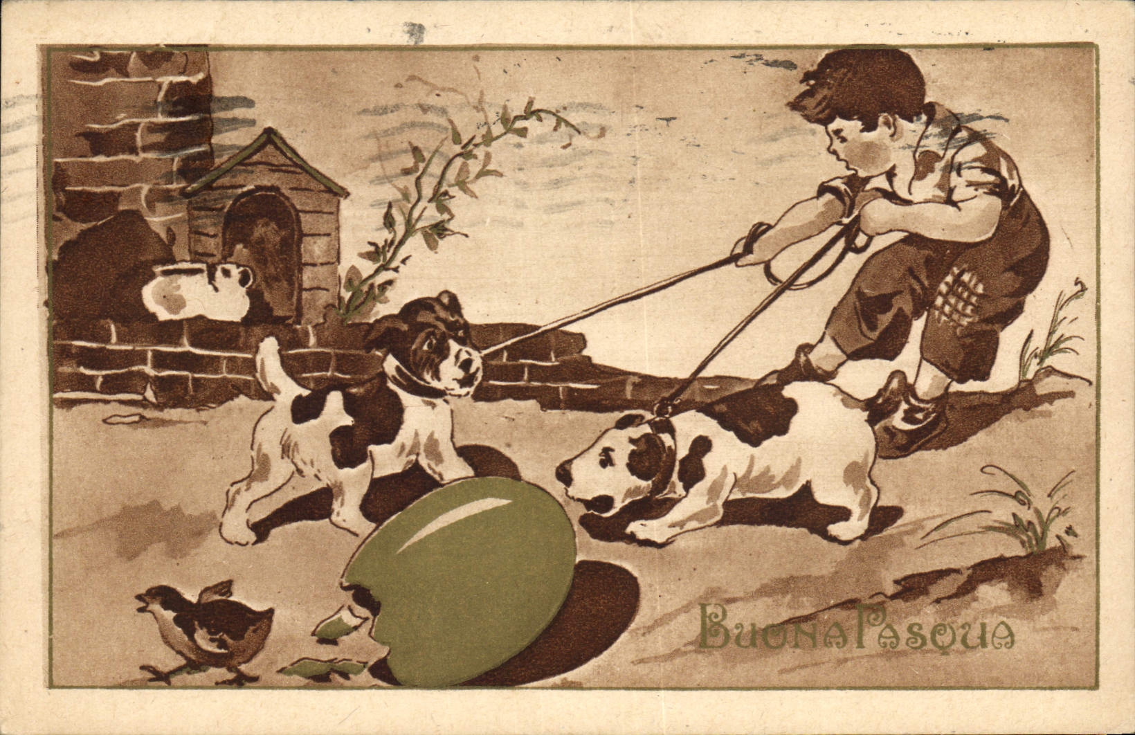 Vintage Postcard Dog Dogs Pup Child Chick Egg