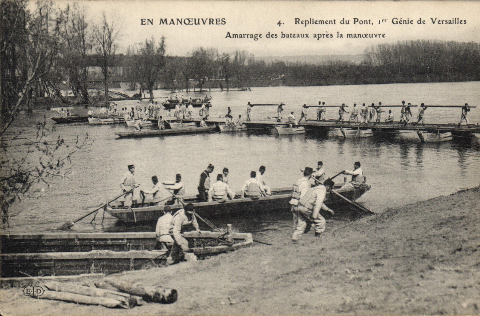 Postal Militaria Repliegue del puente 1.o Ingeniería de Versalles Amarradura de los barcos después de la maniobra
