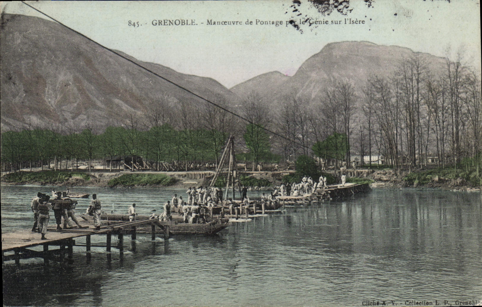 Postal Militaria Grenoble Maniobra de construcción de puentes por la Ingeniería sobre Isere