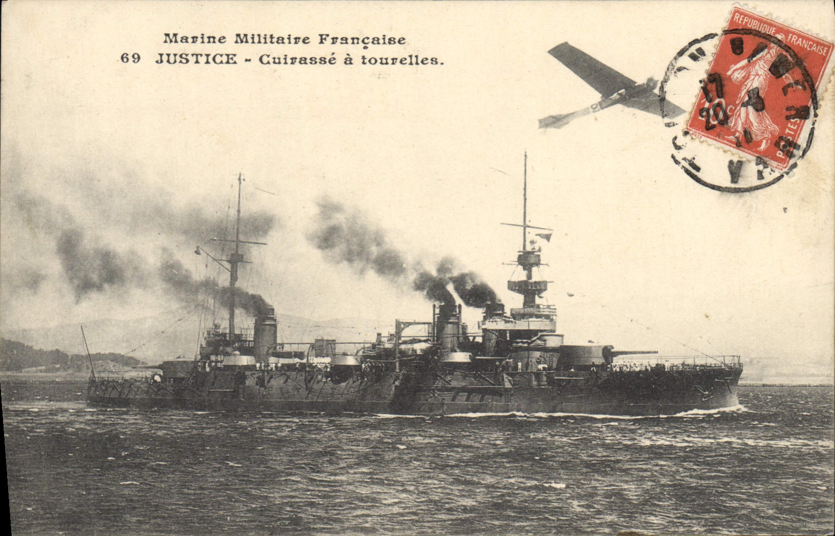 Vintage Postcard Bateau Justice Armours has Avion turrets