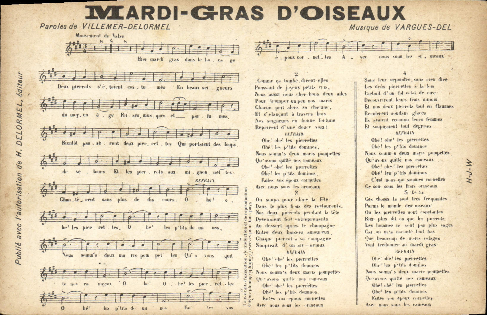 Postal Martes de carnaval de pájaros Villemer Delormel Vargues Dell