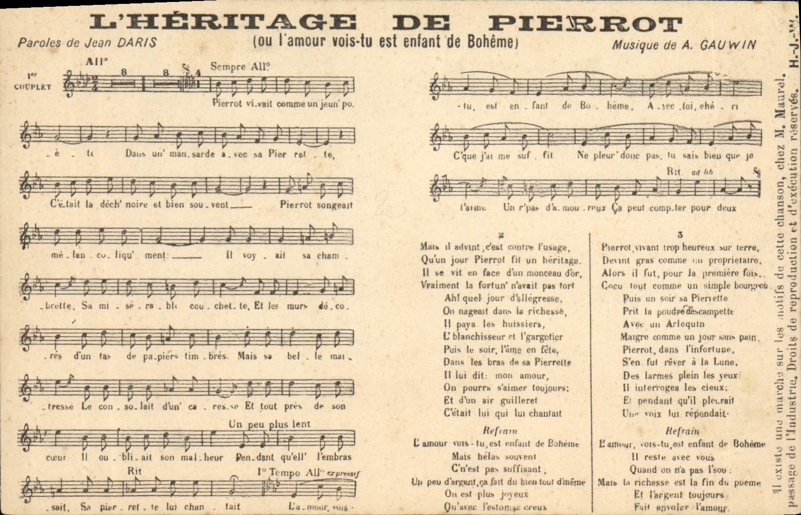 Postal la Herencia de Pierrot Jean París Gauwin