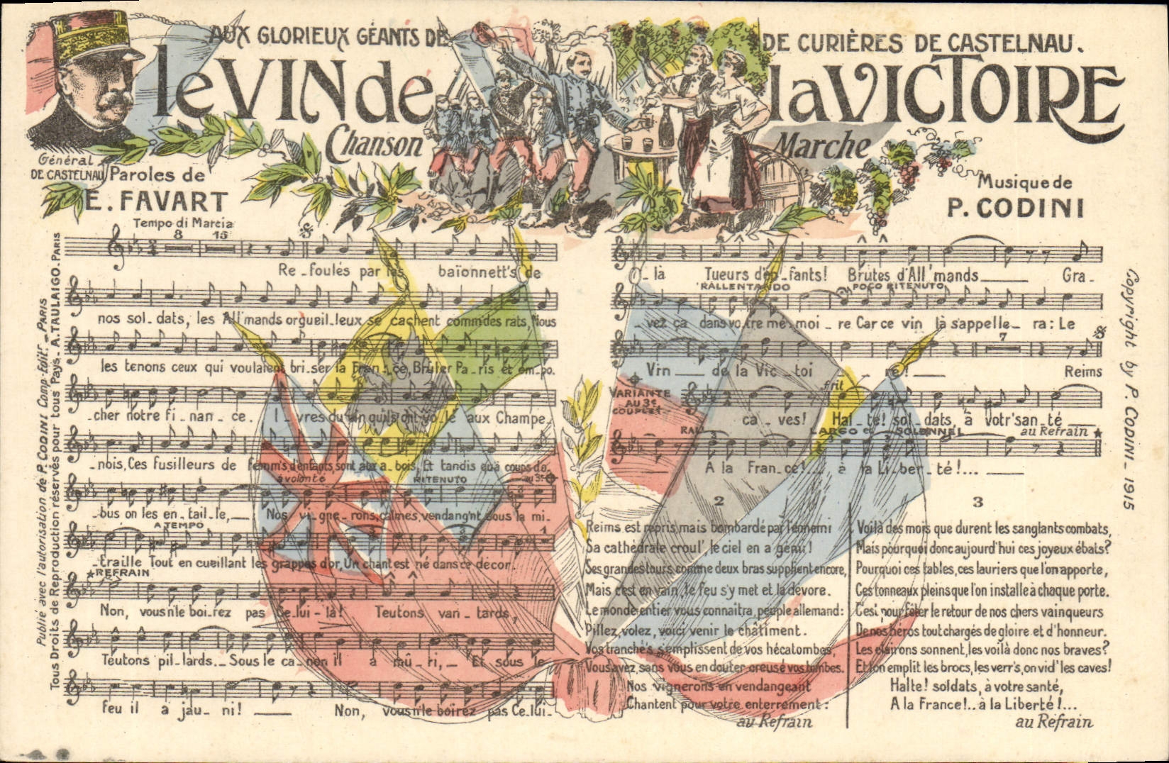 Postal el Vino de la Victoria Favart Codini Militaria General de Castelnau