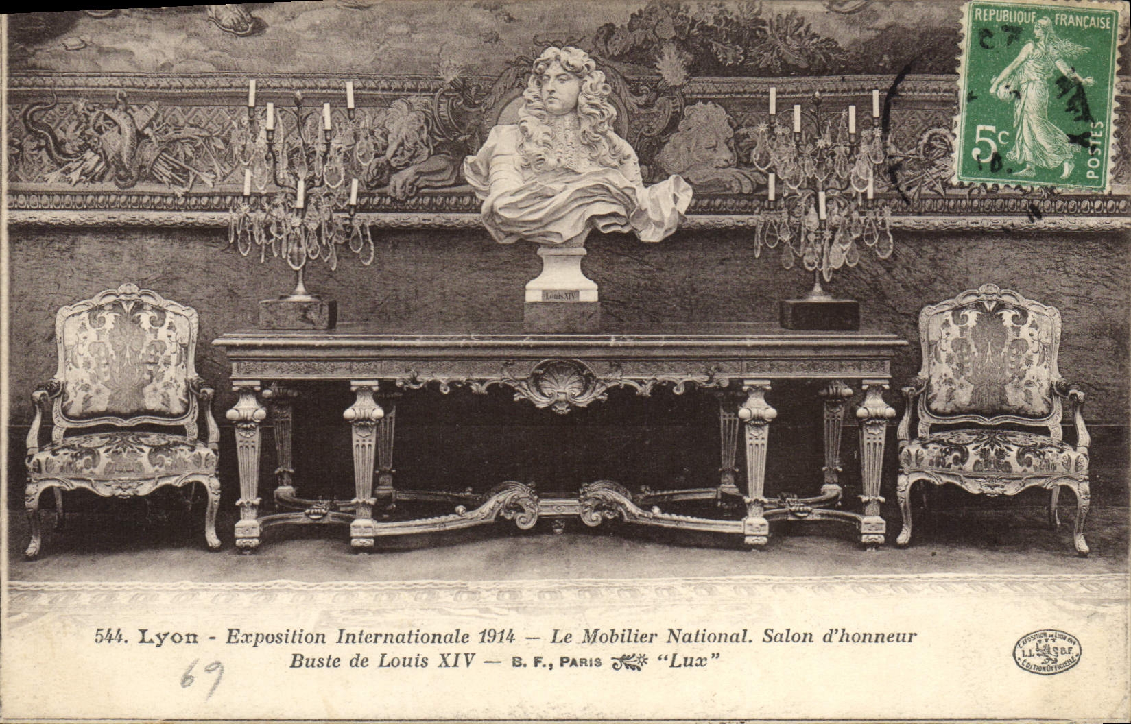 Vintage Postcard Lyon International exhibition 1914 State-owned furniture Living room of honor Bust of Louis XIV