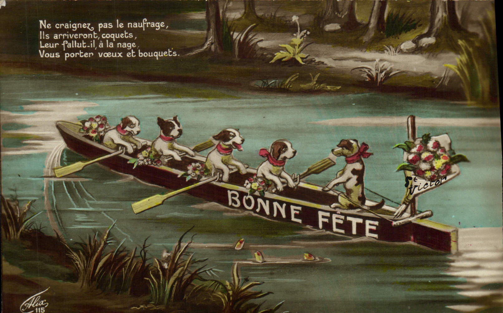 CPA Chien Chiens Chiot Canoe Bonne fete