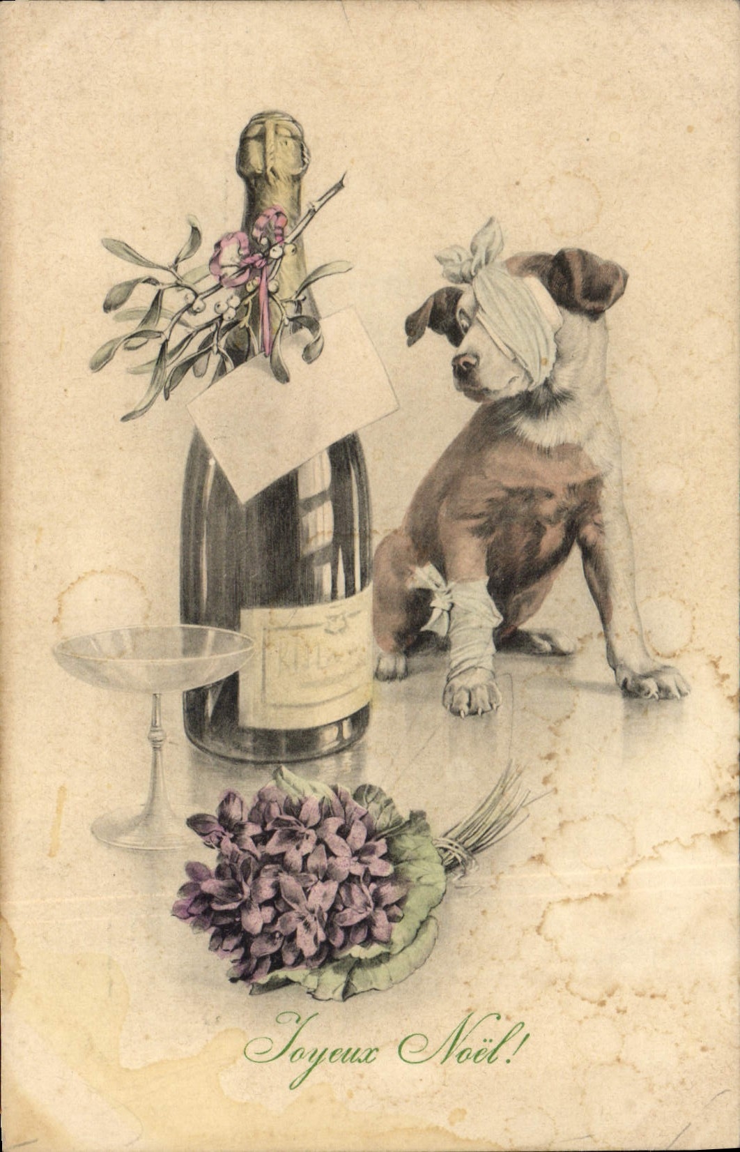 Vintage Postcard Dog Dogs Pup Champagne Christmas