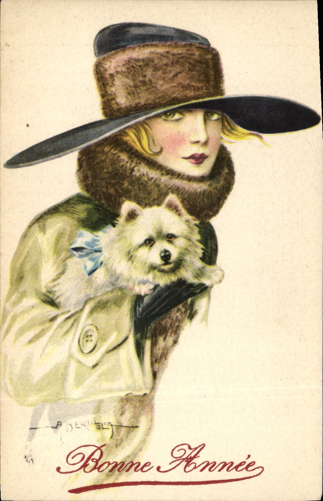 Vintage Postcard Dog Dogs Pup Woman Happy new year