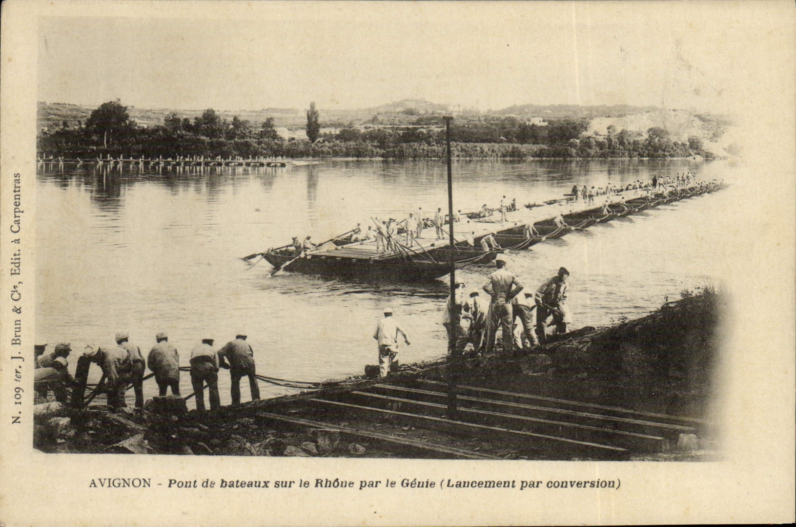 Vintage Postcard Militaria Avignon Bridge of boats on the Rhone by the Genius Launching by conversion