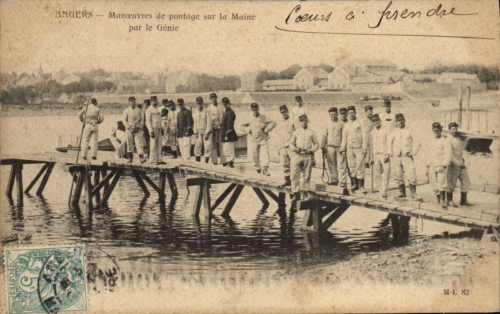 Postal Militaria Angers Maniobras de construcción de puentes sobre la Marga por la Ingeniería